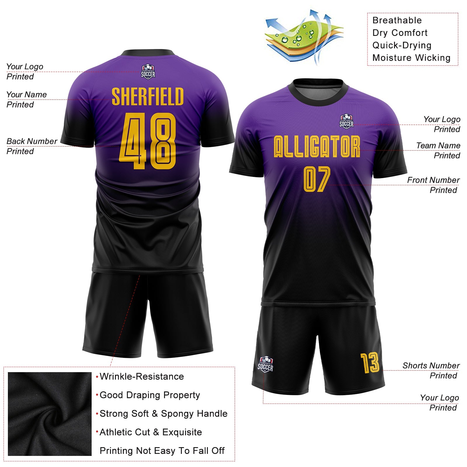 Custom Purple Gold-Black Sublimation Fade Fashion Soccer Uniform Jersey view 3