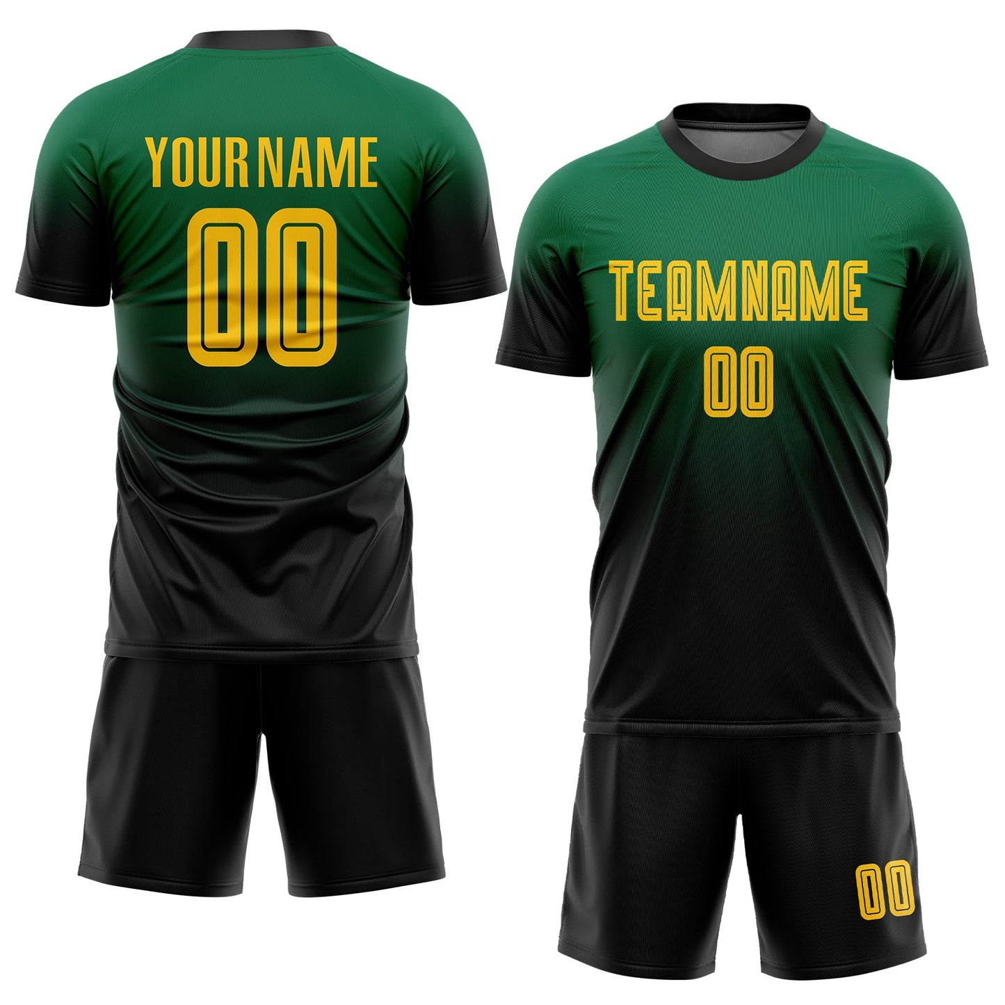 Custom Kelly Green Gold-Black Sublimation Fade Fashion Soccer Uniform Jersey view 2
