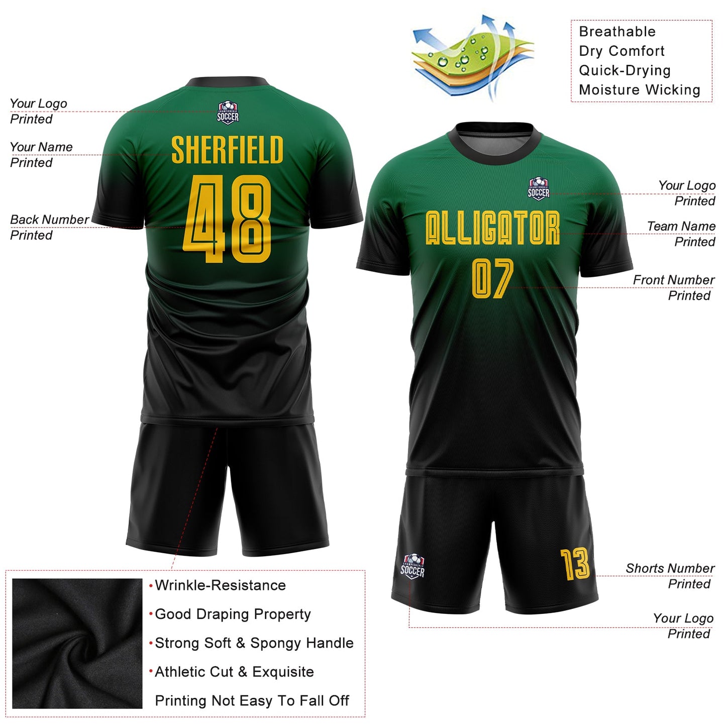 Custom Kelly Green Gold-Black Sublimation Fade Fashion Soccer Uniform Jersey view 3