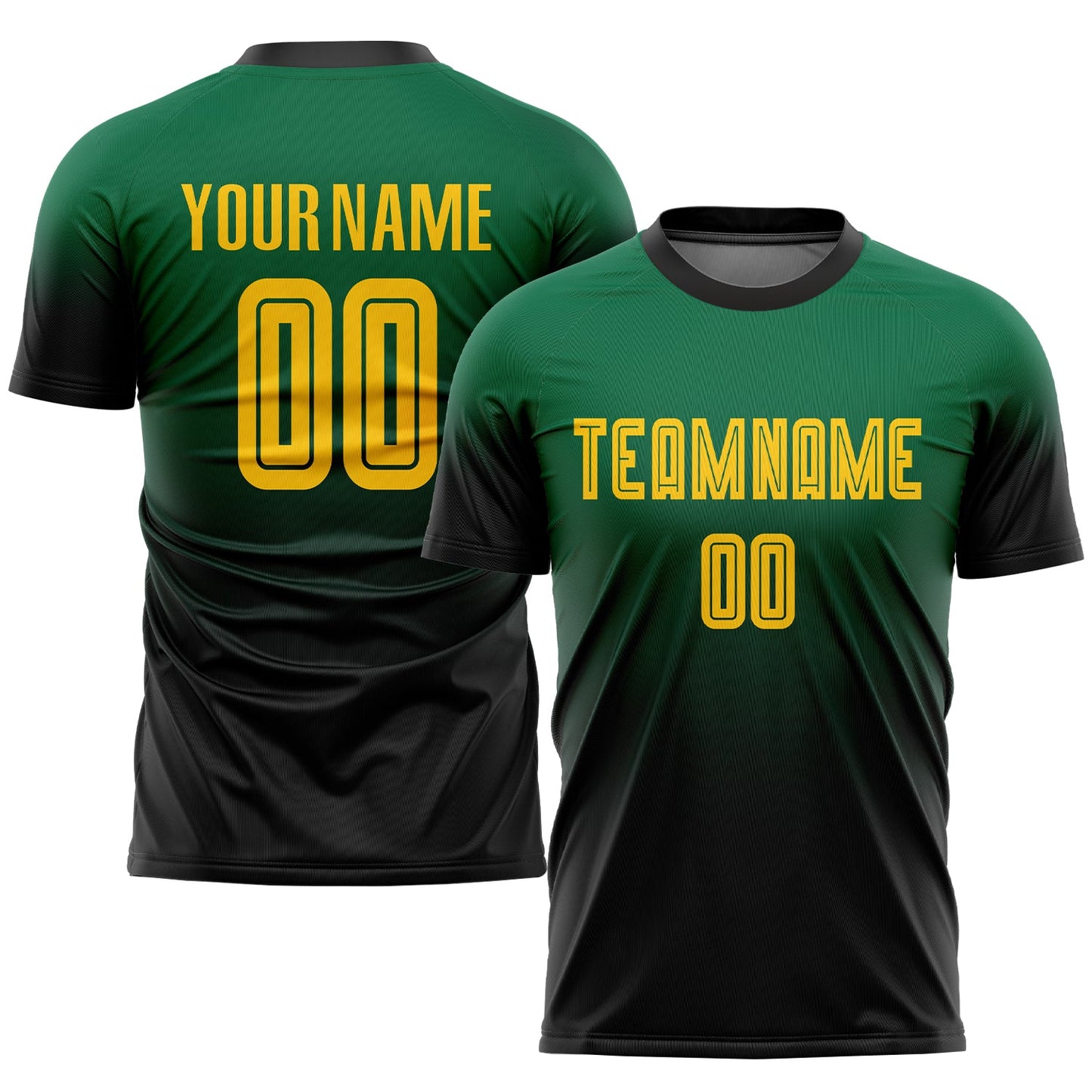 Custom Kelly Green Gold-Black Sublimation Fade Fashion Soccer Uniform Jersey - Main View