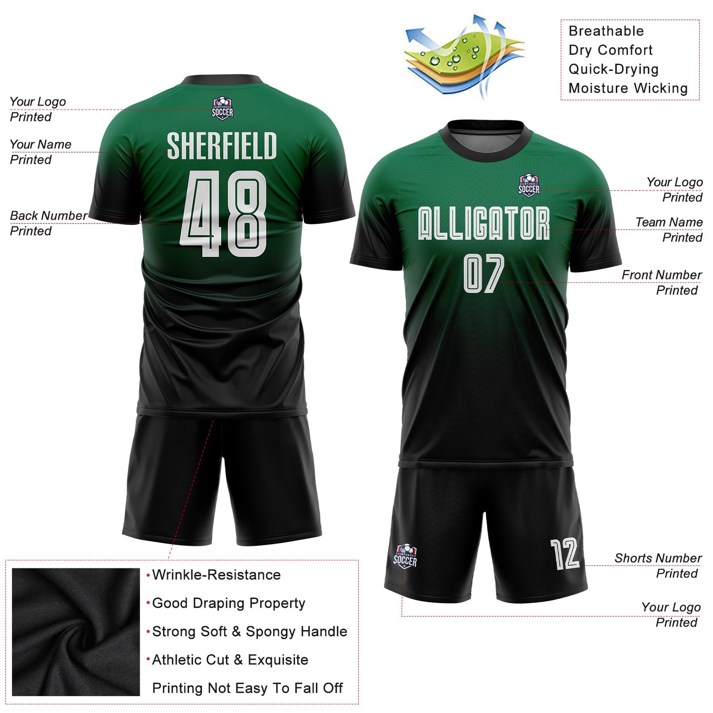 Custom Kelly Green White-Black Sublimation Fade Fashion Soccer Uniform Jersey view 6