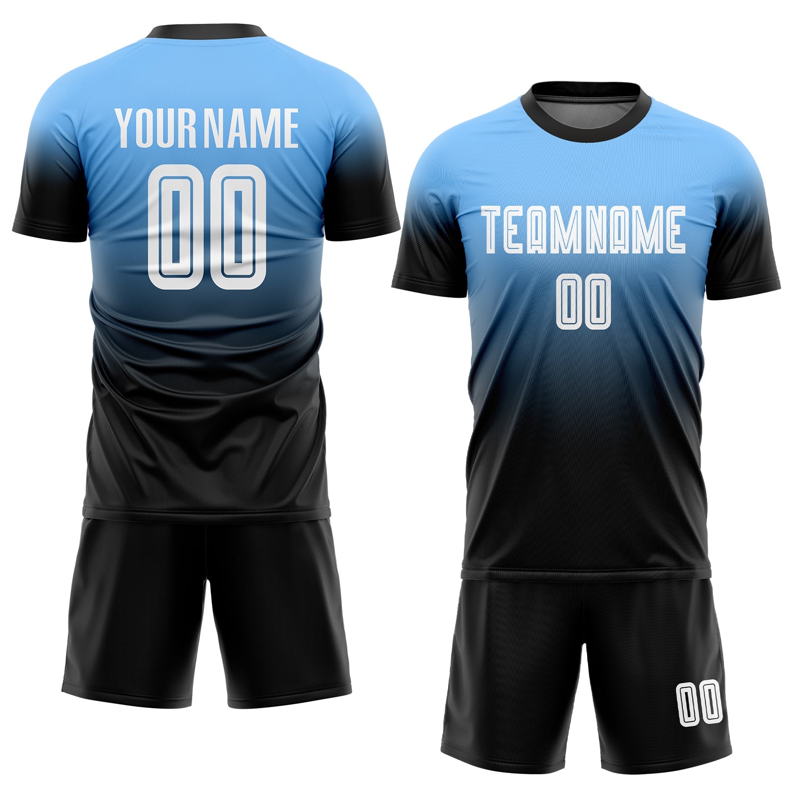 Custom Powder Blue White-Black Sublimation Fade Fashion Soccer Uniform Jersey view 2