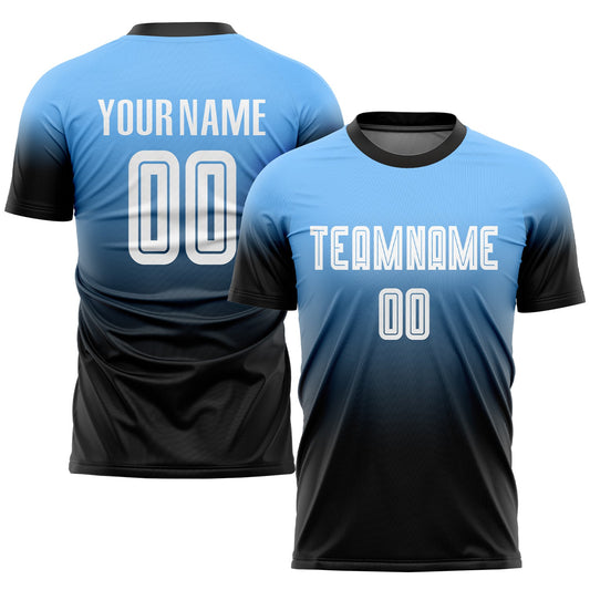 Custom Powder Blue White-Black Sublimation Fade Fashion Soccer Uniform Jersey - Main View