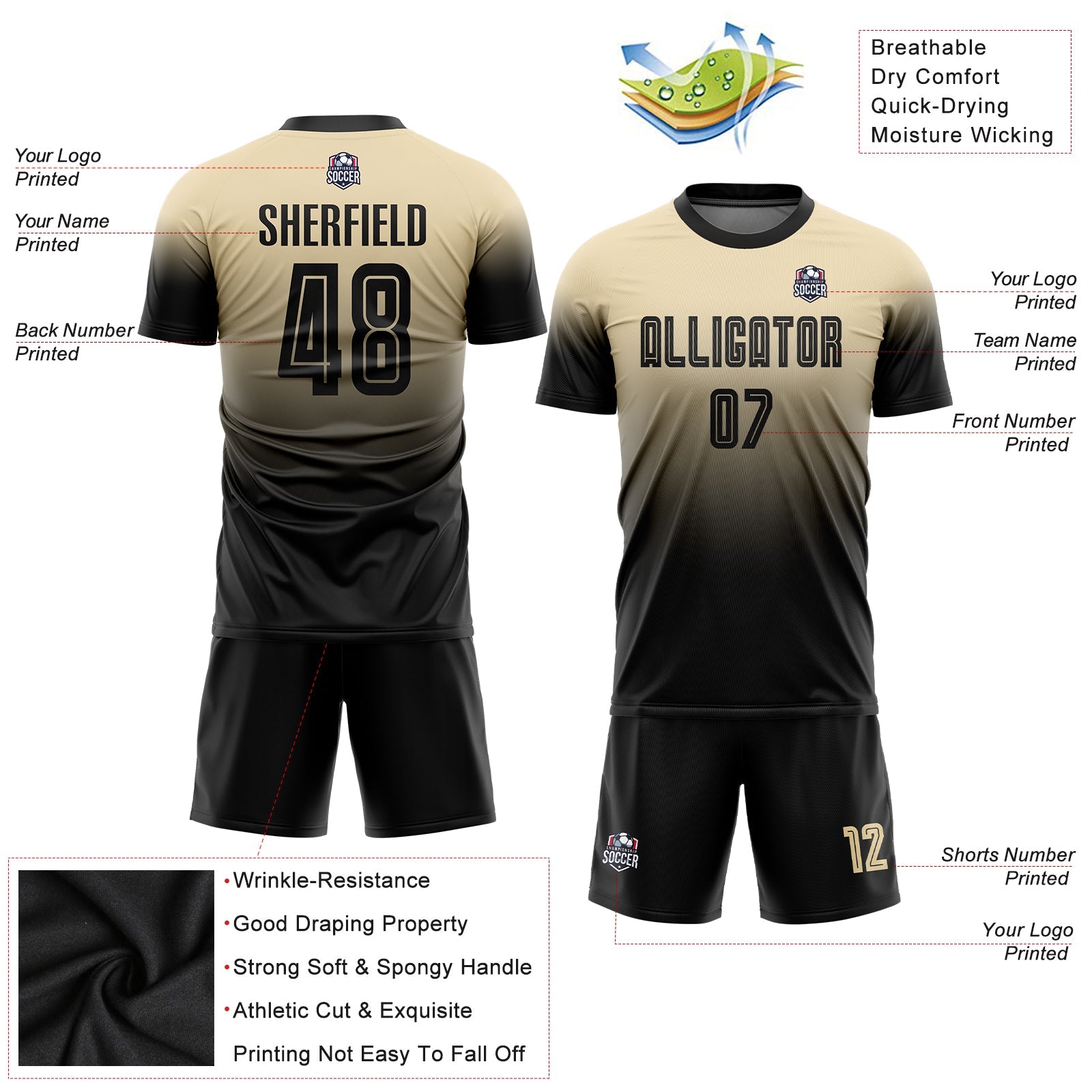 Custom Cream Black Sublimation Fade Fashion Soccer Uniform Jersey view 6