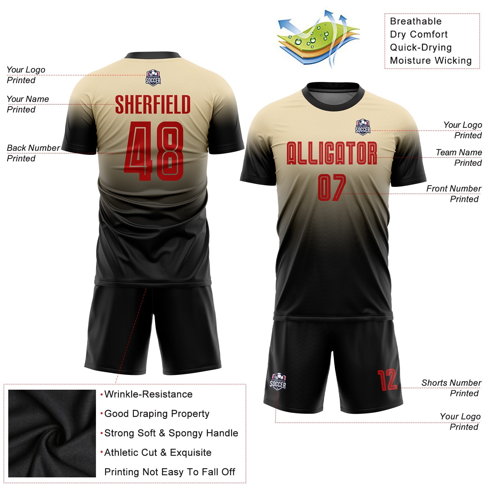 Custom Cream Red-Black Sublimation Fade Fashion Soccer Uniform Jersey view 3