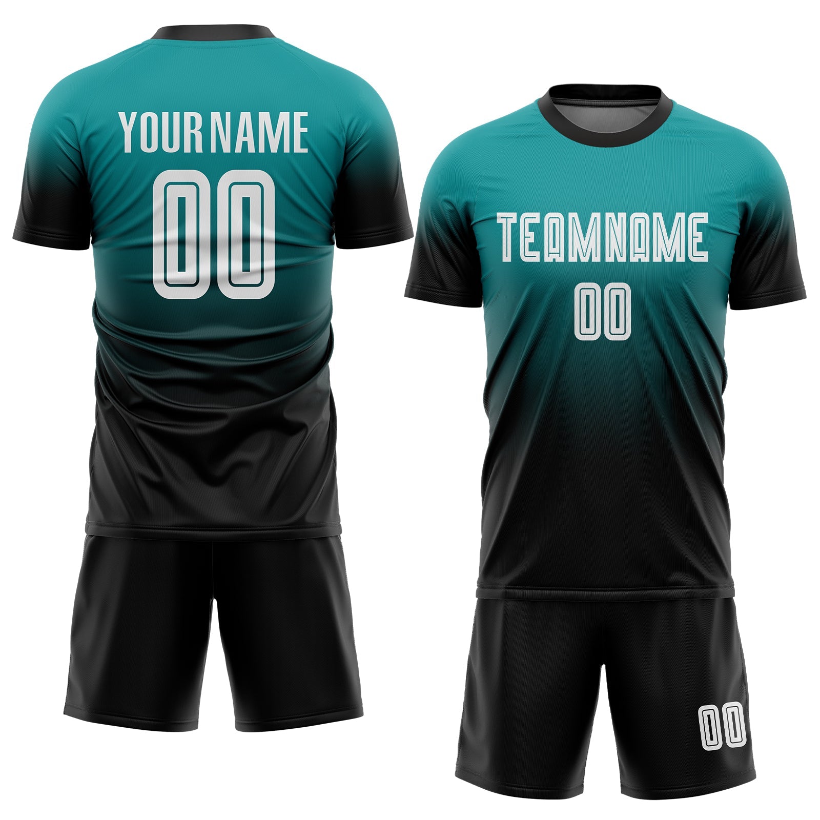 Custom Teal White-Black Sublimation Fade Fashion Soccer Uniform Jersey view 2