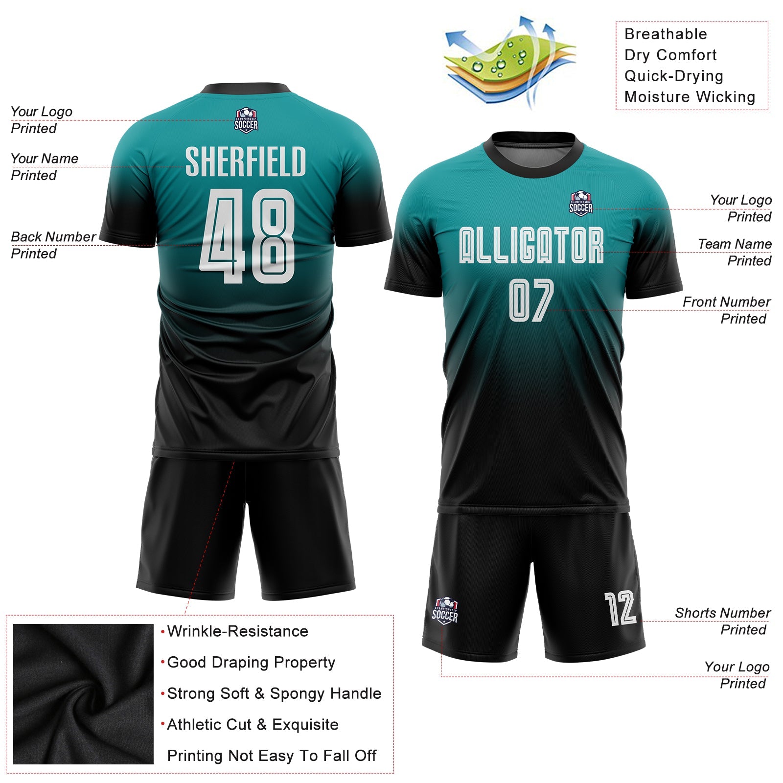 Custom Teal White-Black Sublimation Fade Fashion Soccer Uniform Jersey view 6