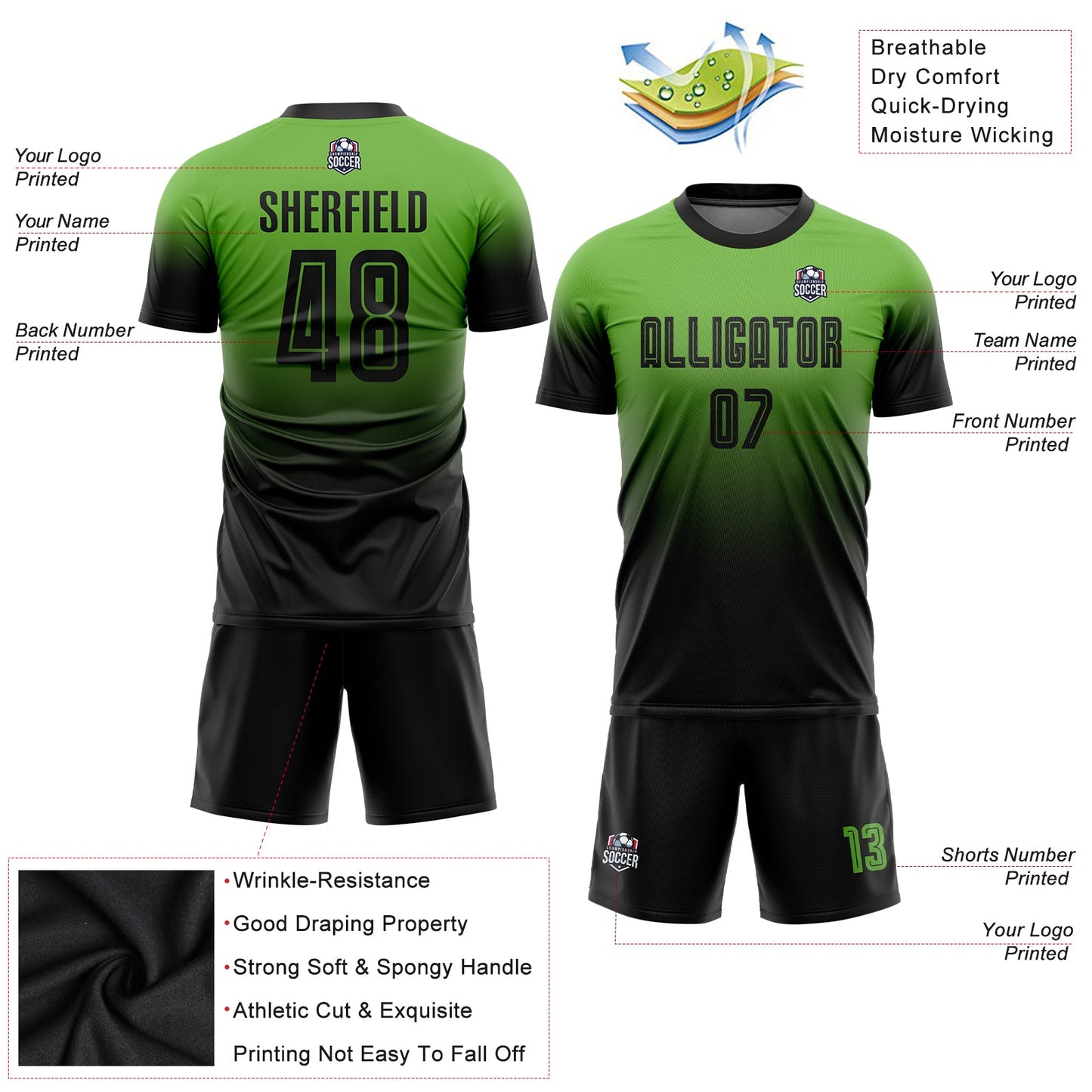 Custom Neon Green Black Sublimation Fade Fashion Soccer Uniform Jersey view 3