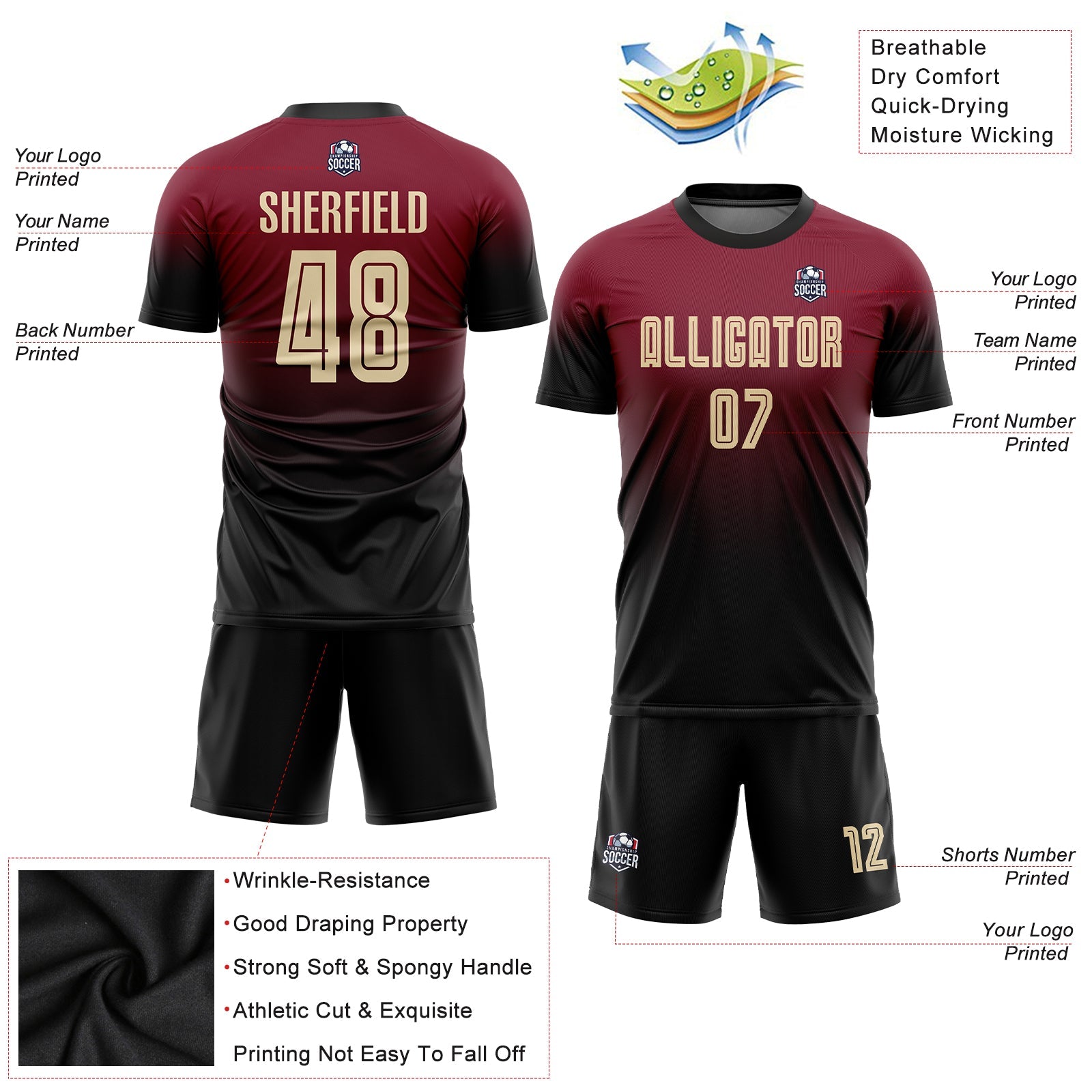 Custom Crimson Cream-Black Sublimation Fade Fashion Soccer Uniform Jersey view 6