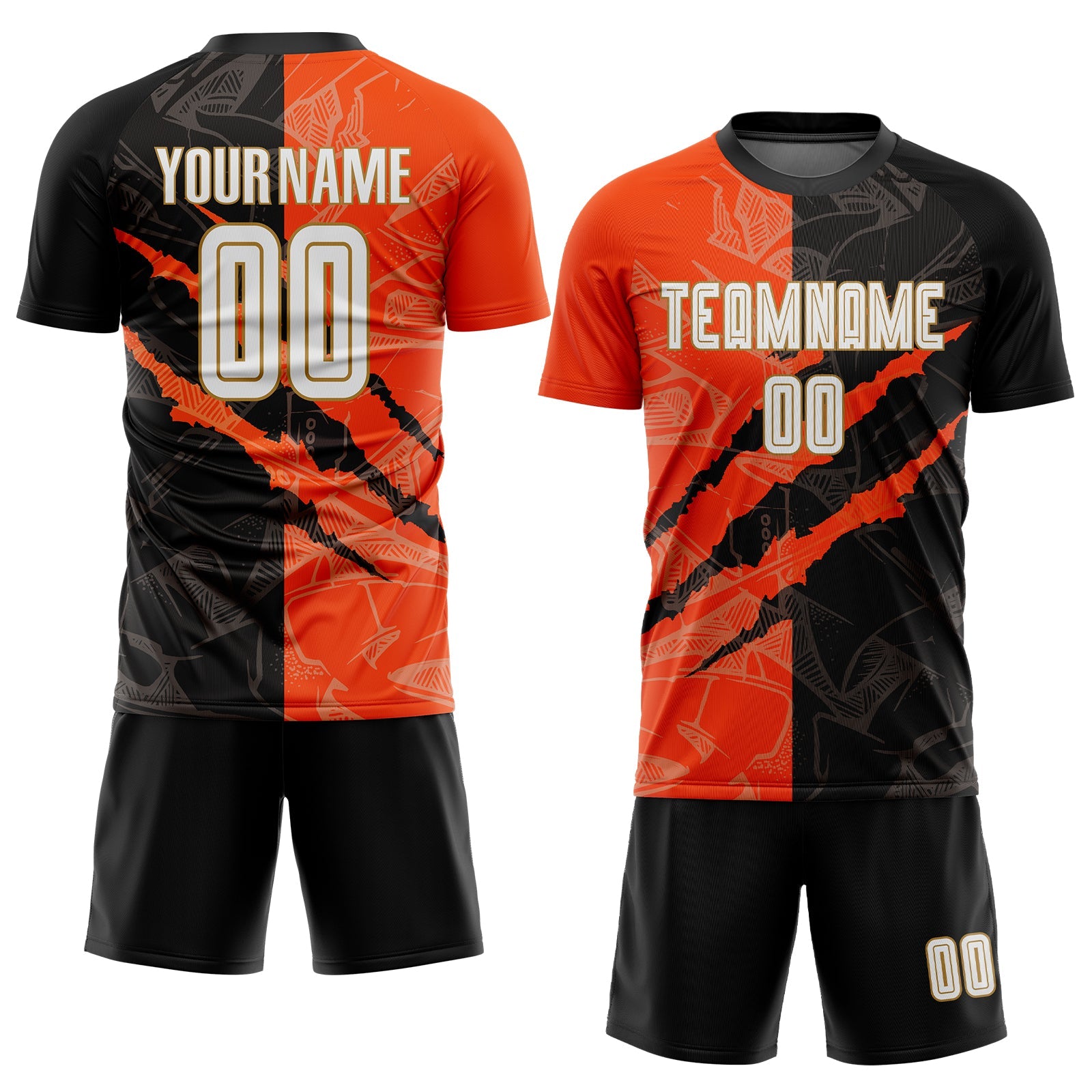 Custom Graffiti Pattern White Black Orange-Old Gold Scratch Sublimation Soccer Uniform Jersey view 2