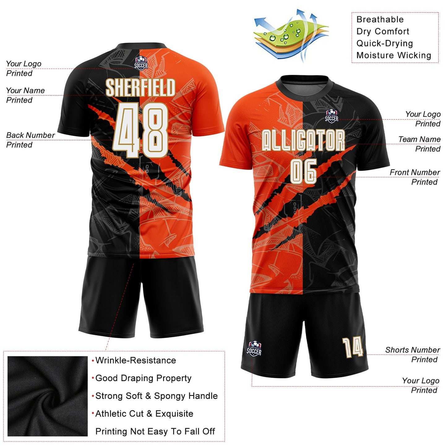 Custom Graffiti Pattern White Black Orange-Old Gold Scratch Sublimation Soccer Uniform Jersey view 5