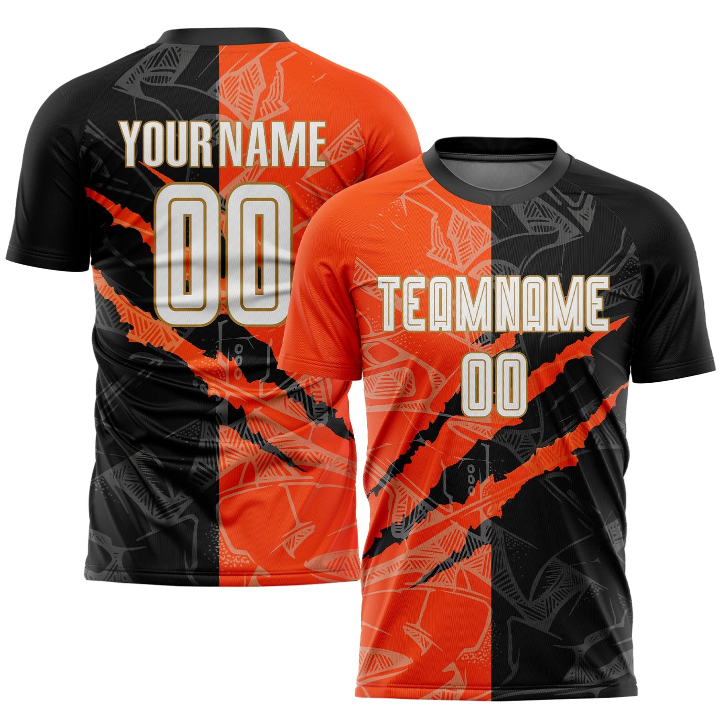 Custom Graffiti Pattern White Black Orange-Old Gold Scratch Sublimation Soccer Uniform Jersey - Main View