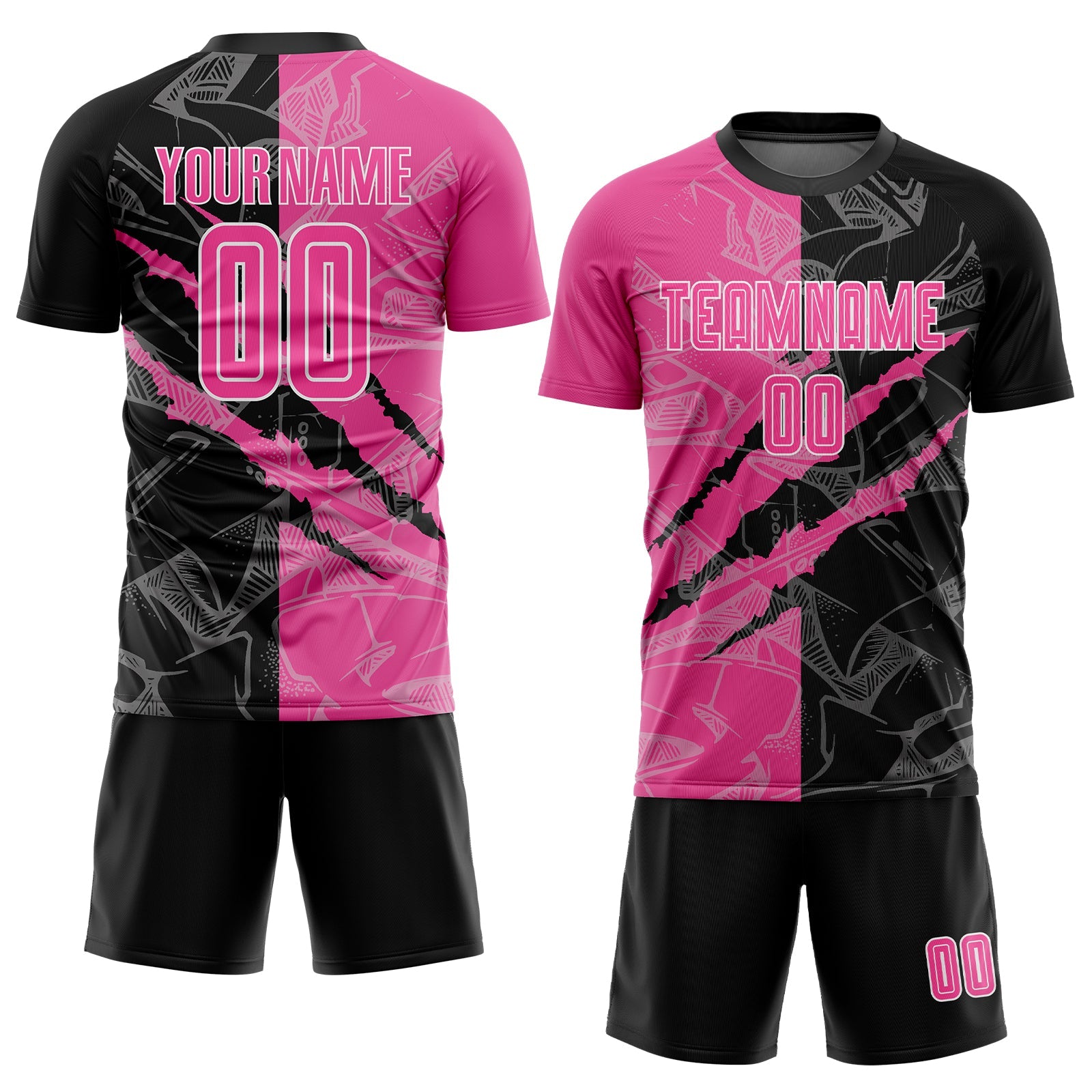 Custom Graffiti Pattern Pink Black-White Scratch Sublimation Soccer Uniform Jersey view 2