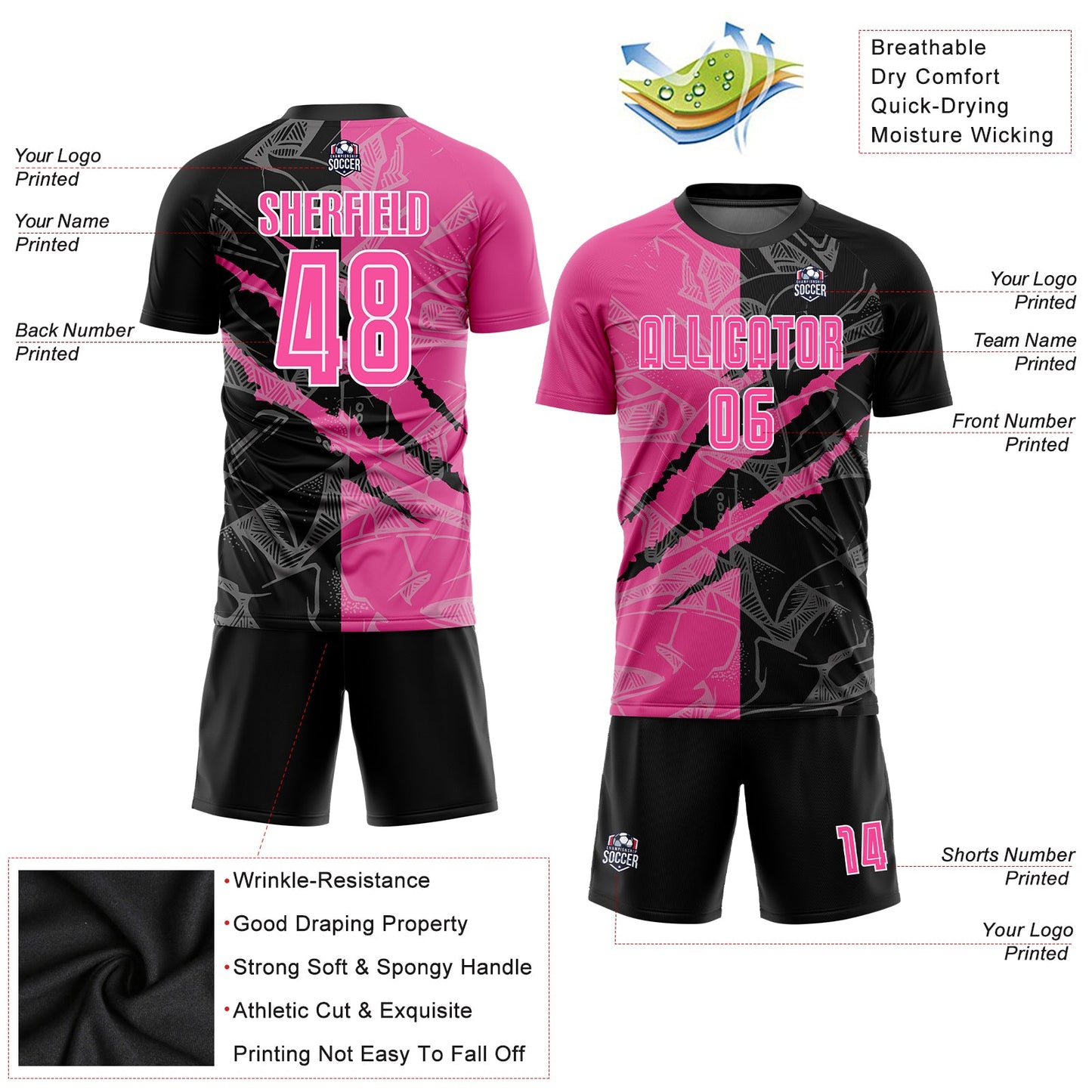 Custom Graffiti Pattern Pink Black-White Scratch Sublimation Soccer Uniform Jersey view 5