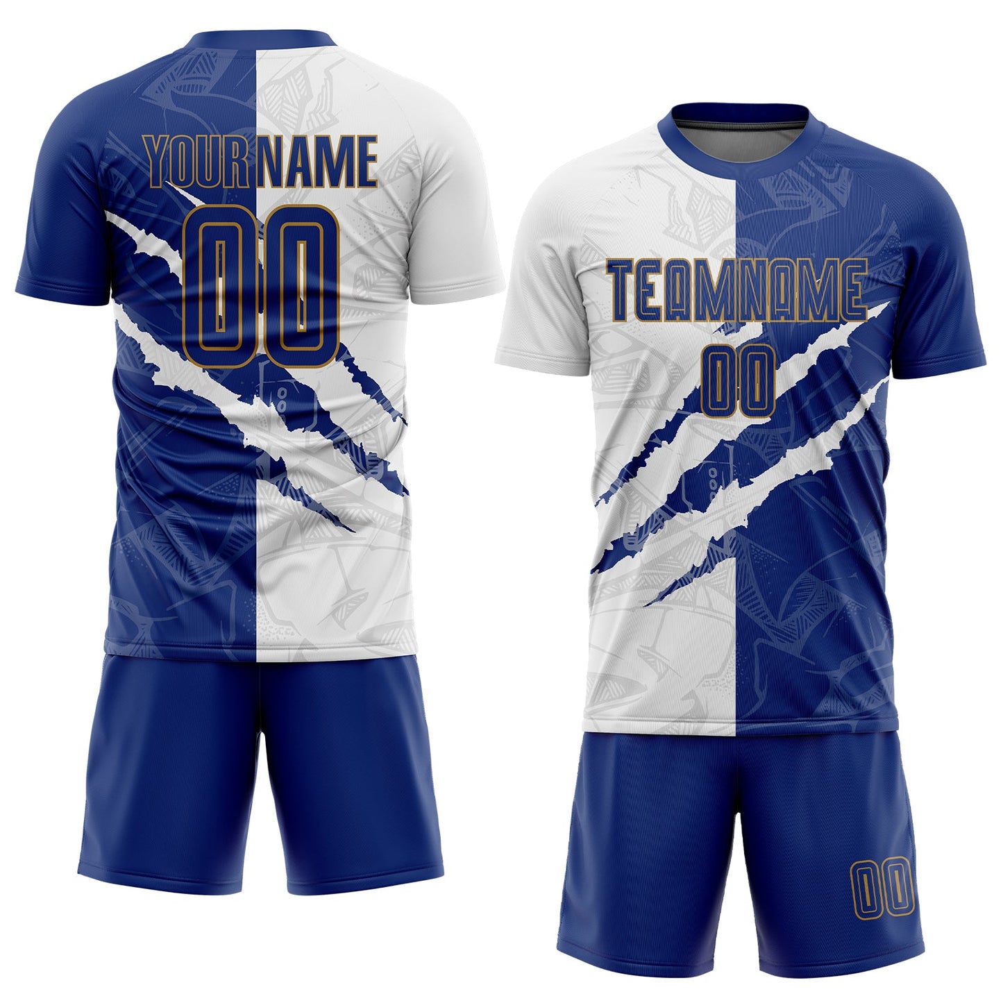 Custom Graffiti Pattern Royal White-Old Gold Scratch Sublimation Soccer Uniform Jersey view 2