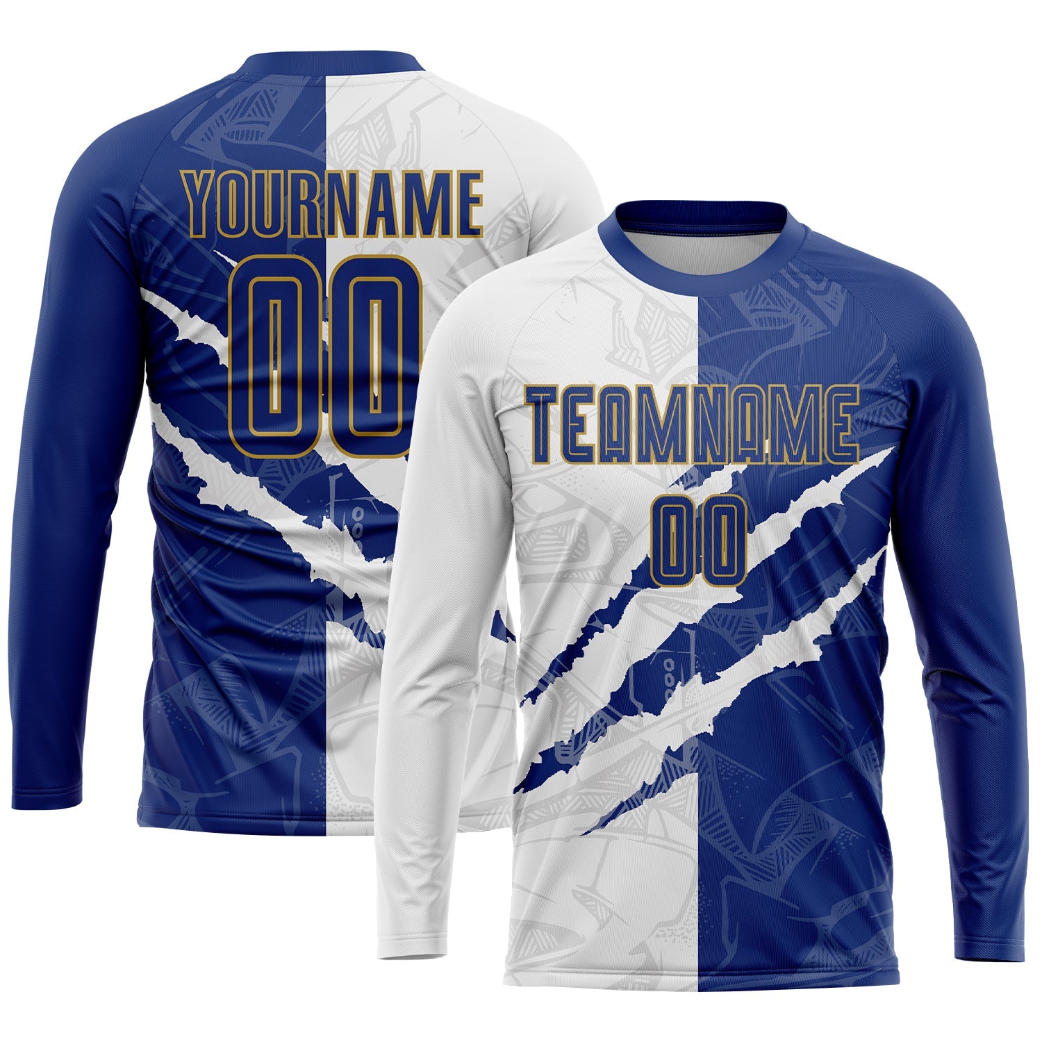 Custom Graffiti Pattern Royal White-Old Gold Scratch Sublimation Soccer Uniform Jersey view 3