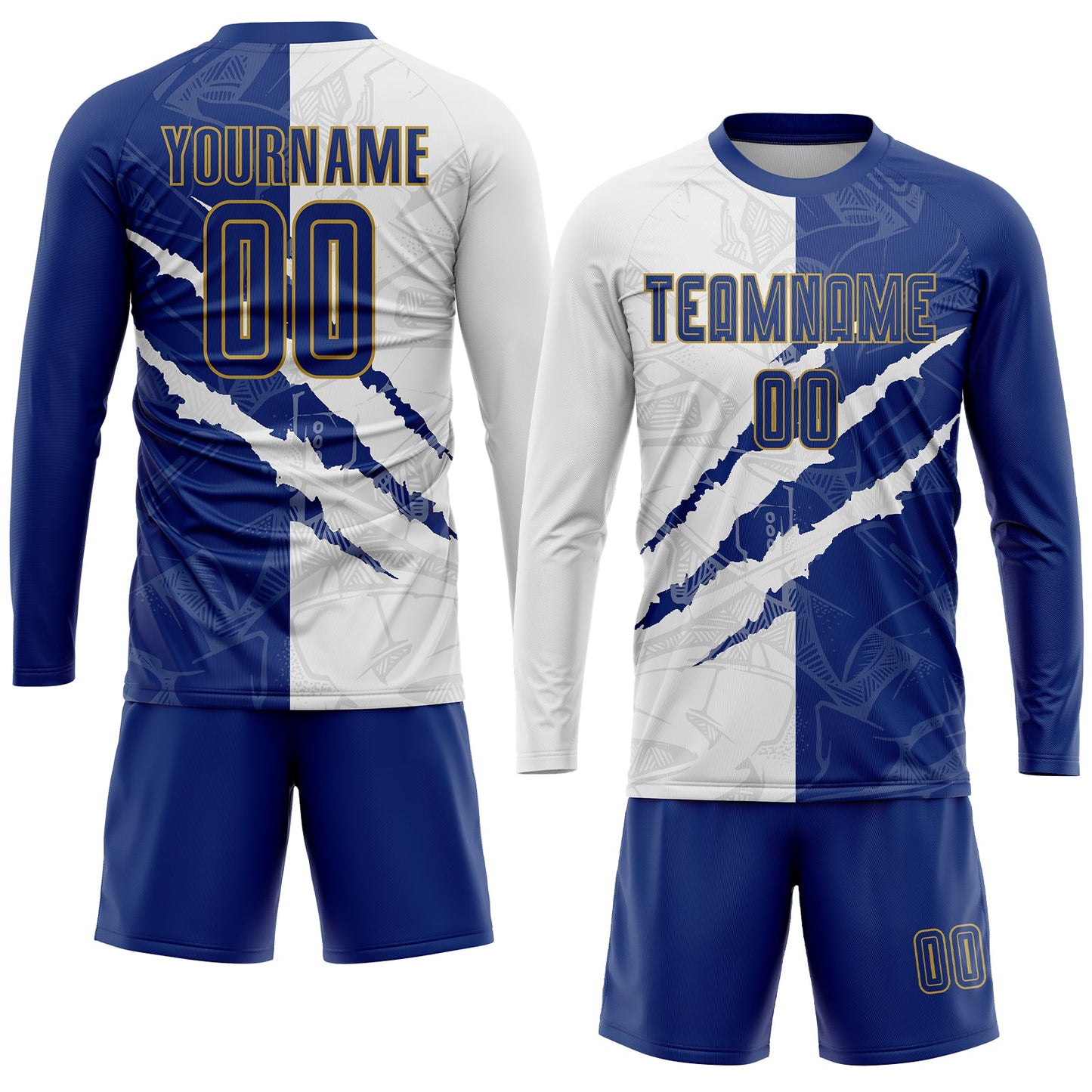 Custom Graffiti Pattern Royal White-Old Gold Scratch Sublimation Soccer Uniform Jersey view 4