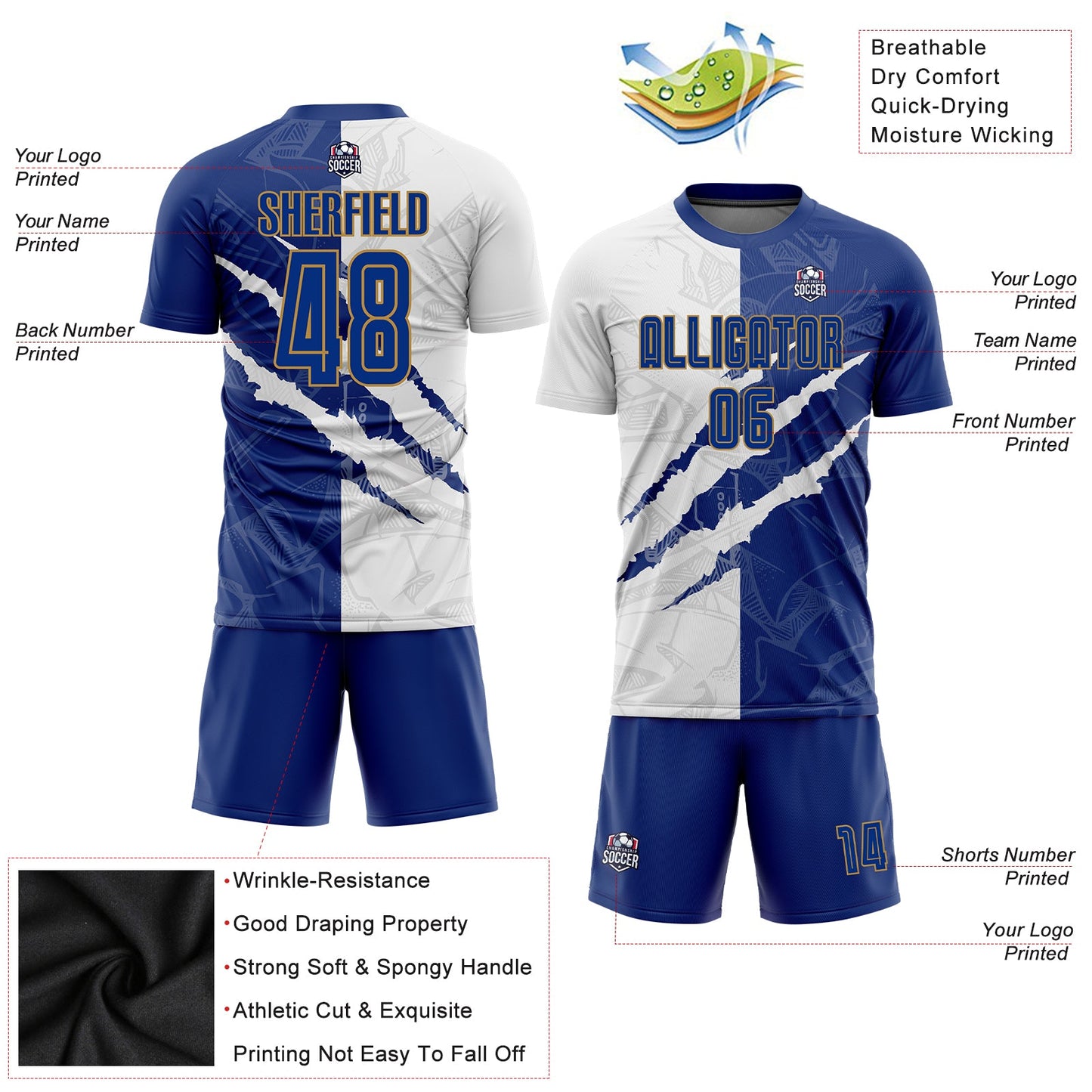 Custom Graffiti Pattern Royal White-Old Gold Scratch Sublimation Soccer Uniform Jersey view 5