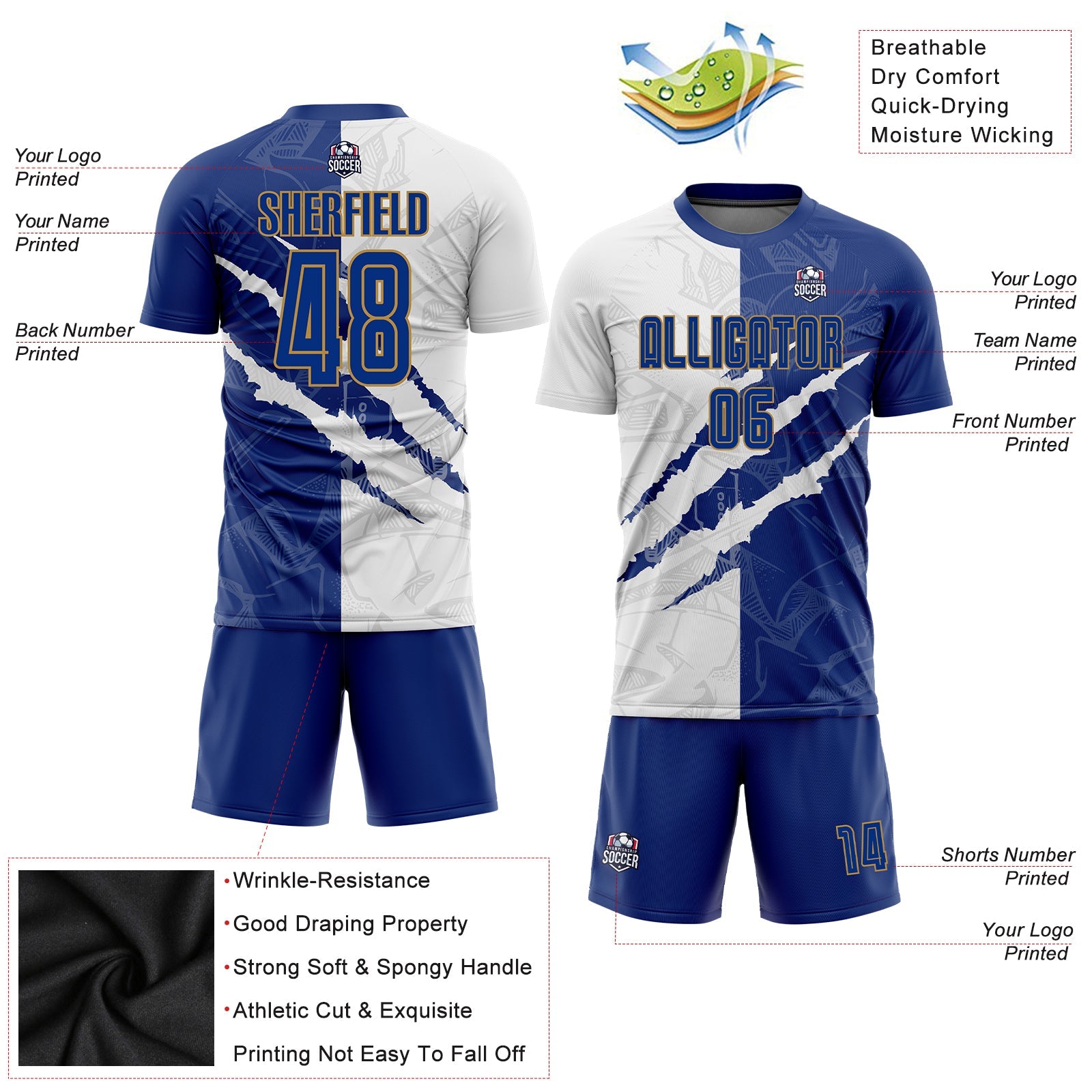 Custom Graffiti Pattern Royal White-Old Gold Scratch Sublimation Soccer Uniform Jersey view 5