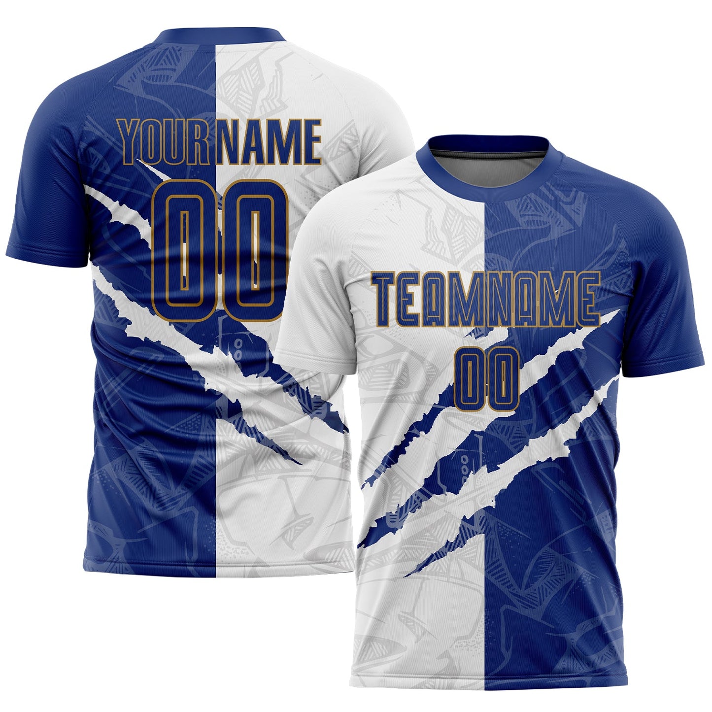 Custom Graffiti Pattern Royal White-Old Gold Scratch Sublimation Soccer Uniform Jersey - Main View