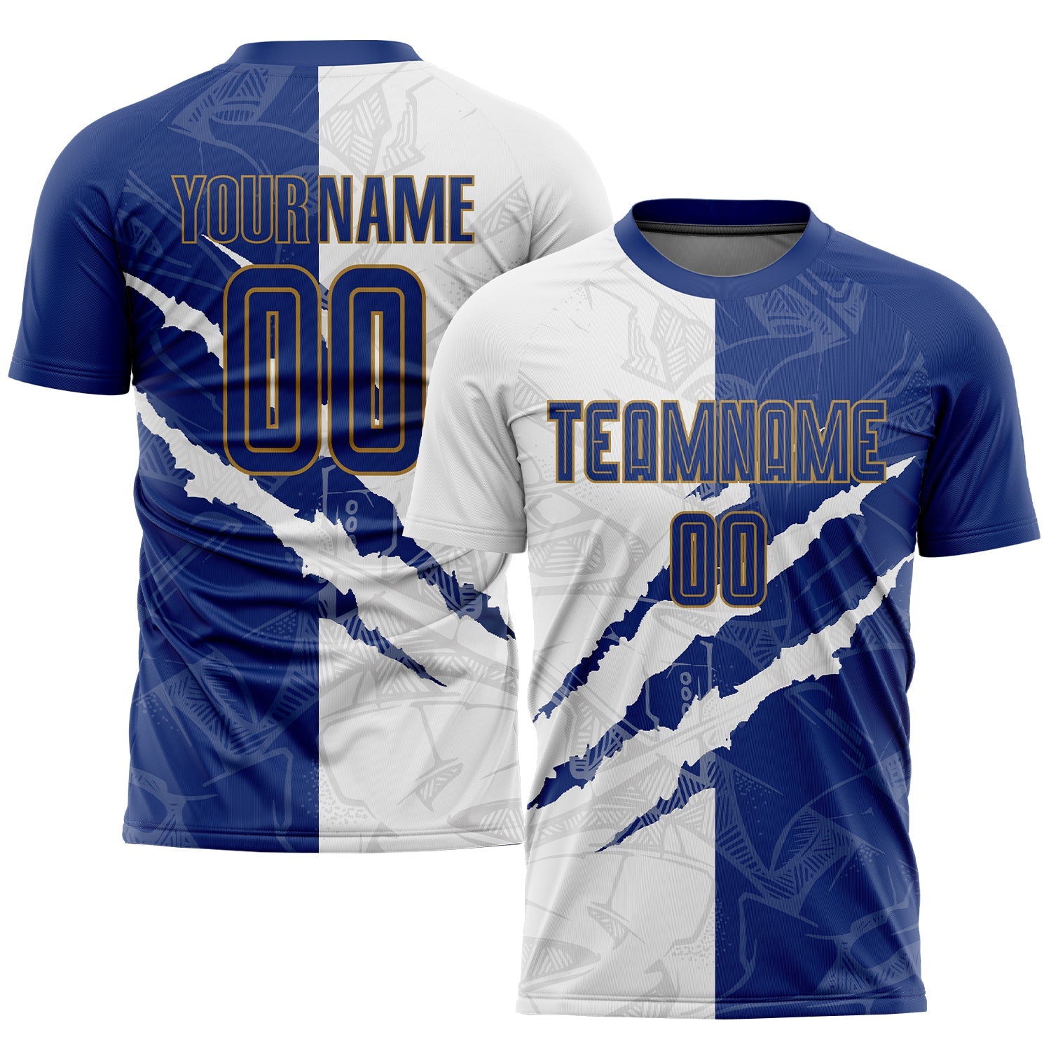 Custom Graffiti Pattern Royal White-Old Gold Scratch Sublimation Soccer Uniform Jersey - Main View