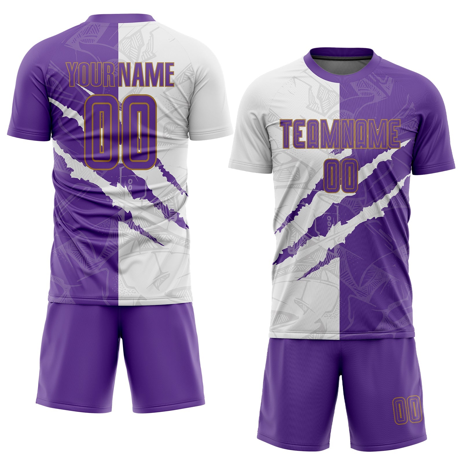 Custom Graffiti Pattern Purple White-Old Gold Scratch Sublimation Soccer Uniform Jersey view 2
