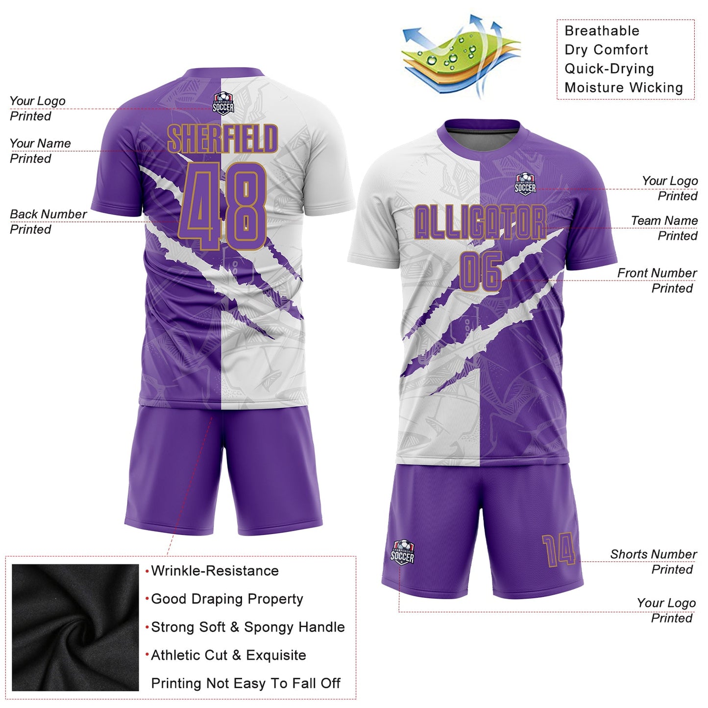 Custom Graffiti Pattern Purple White-Old Gold Scratch Sublimation Soccer Uniform Jersey view 3