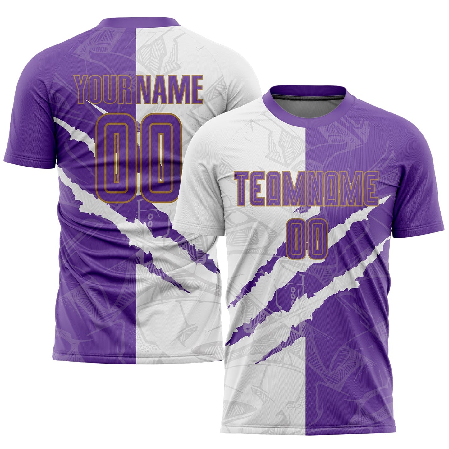 Custom Graffiti Pattern Purple White-Old Gold Scratch Sublimation Soccer Uniform Jersey - Main View