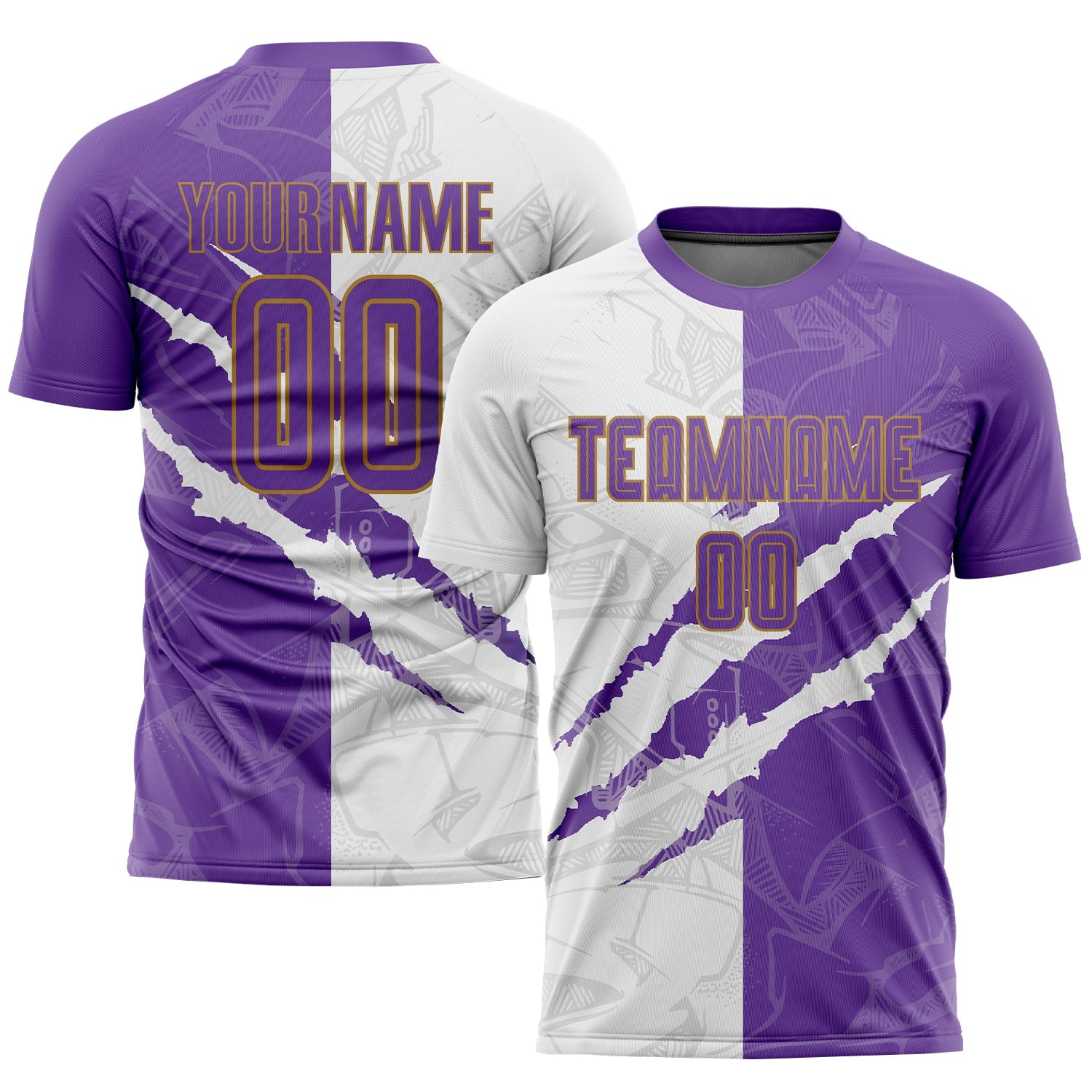 Custom Graffiti Pattern Purple White-Old Gold Scratch Sublimation Soccer Uniform Jersey - Main View