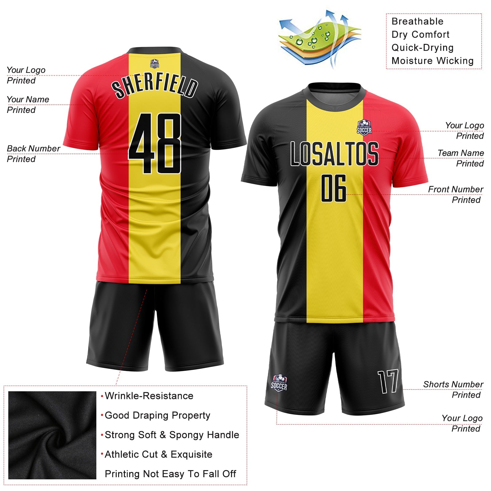 Custom Gold Black Red-White Sublimation Belgian Flag Soccer Uniform Jersey view 3