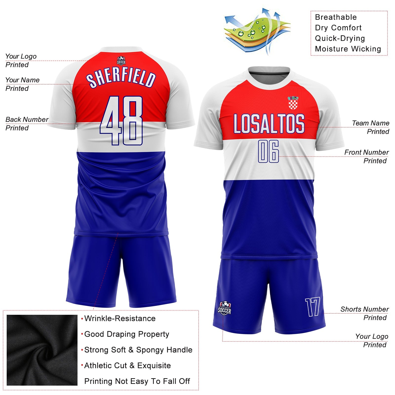Custom Red White-Royal Sublimation Croatian Flag Soccer Uniform Jersey view 3