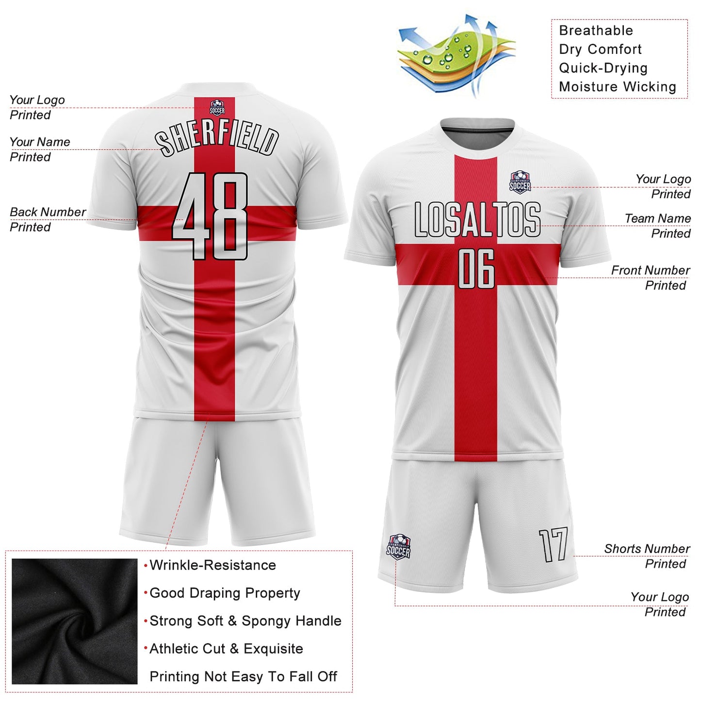 Custom White White Red-Black Sublimation Great Britain Flag Soccer Uniform Jersey view 3