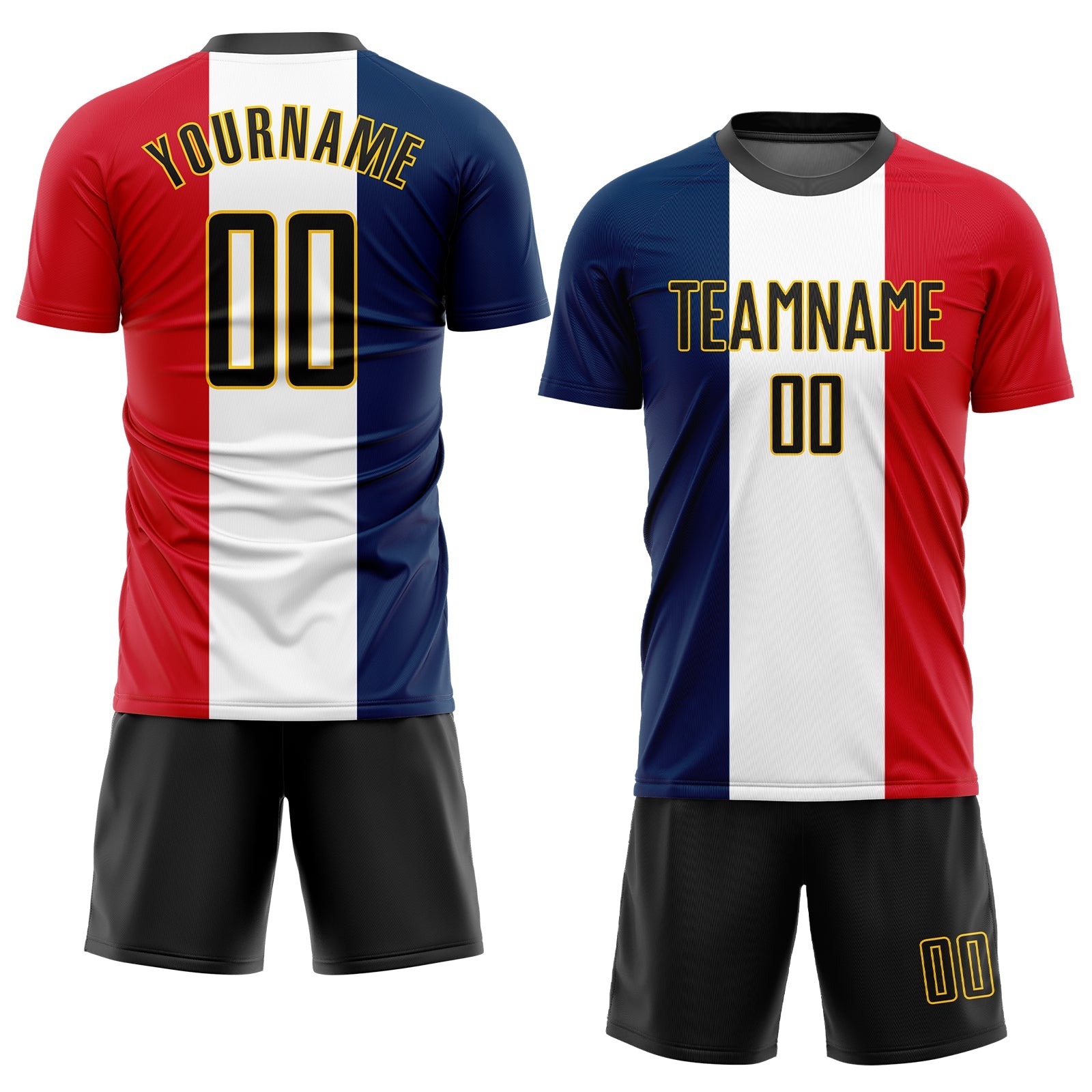 Custom Navy Black White Red-Gold Sublimation French Flag Soccer Uniform Jersey view 2