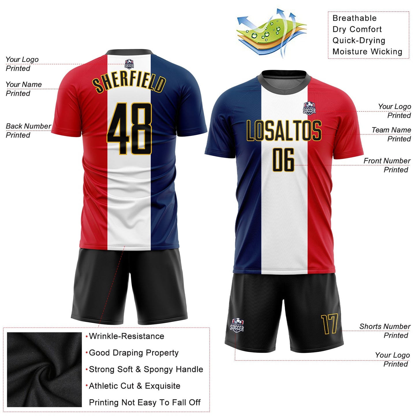 Custom Navy Black White Red-Gold Sublimation French Flag Soccer Uniform Jersey view 3