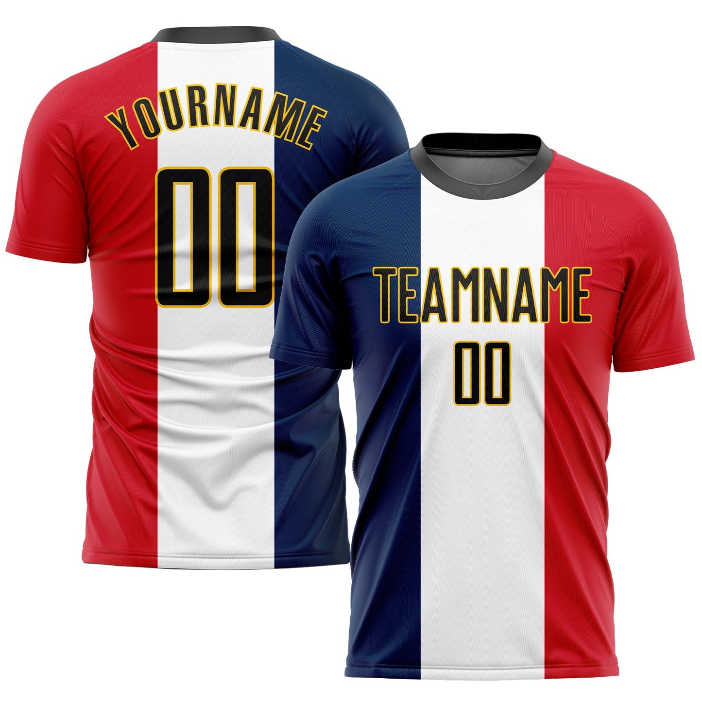Custom Navy Black White Red-Gold Sublimation French Flag Soccer Uniform Jersey - Main View
