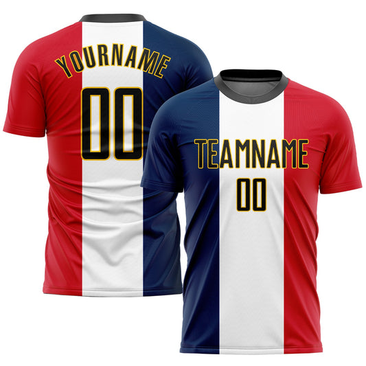 Custom Navy Black White Red-Gold Sublimation French Flag Soccer Uniform Jersey - Main View