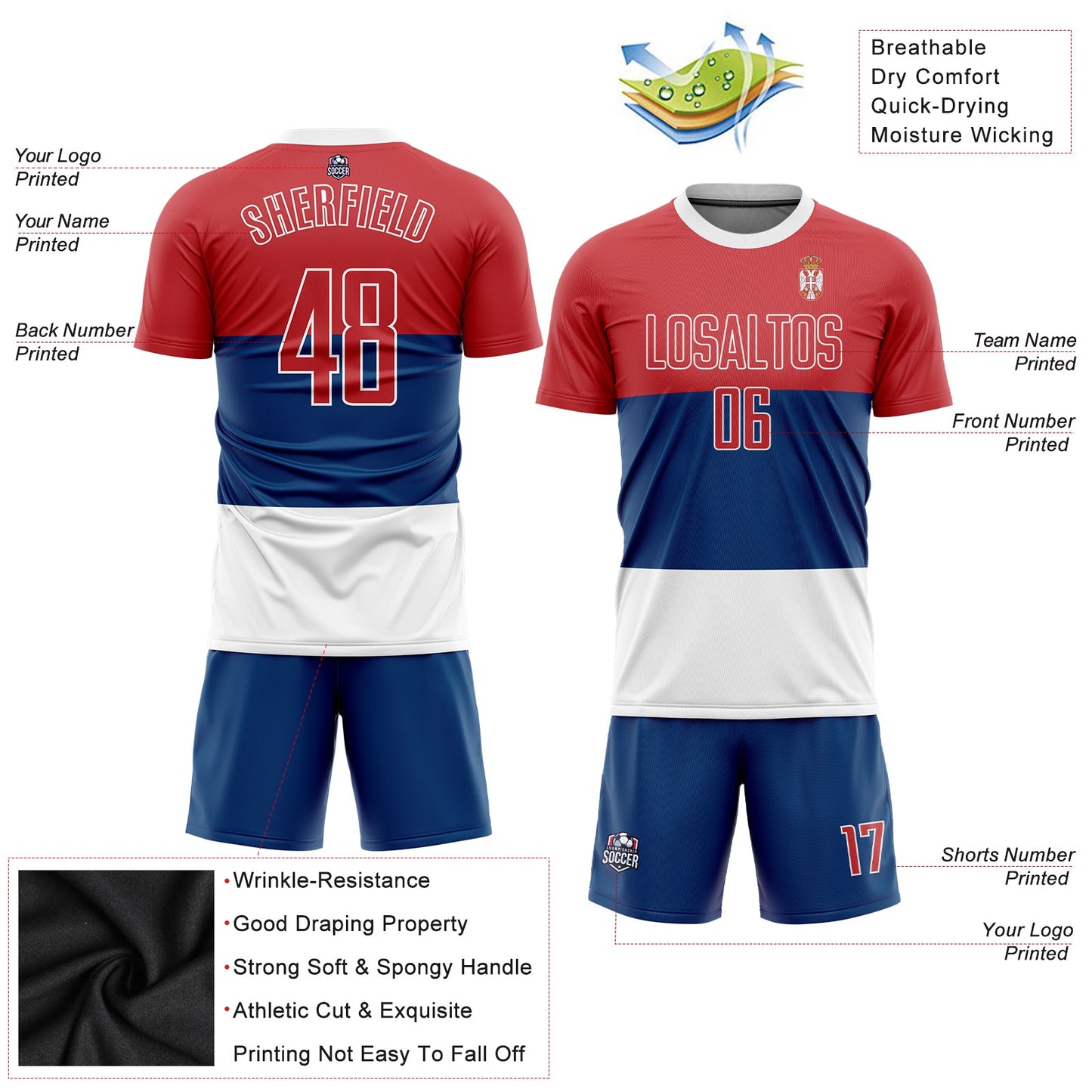 Custom Royal Red-White Sublimation Serbian Flag Soccer Uniform Jersey view 3