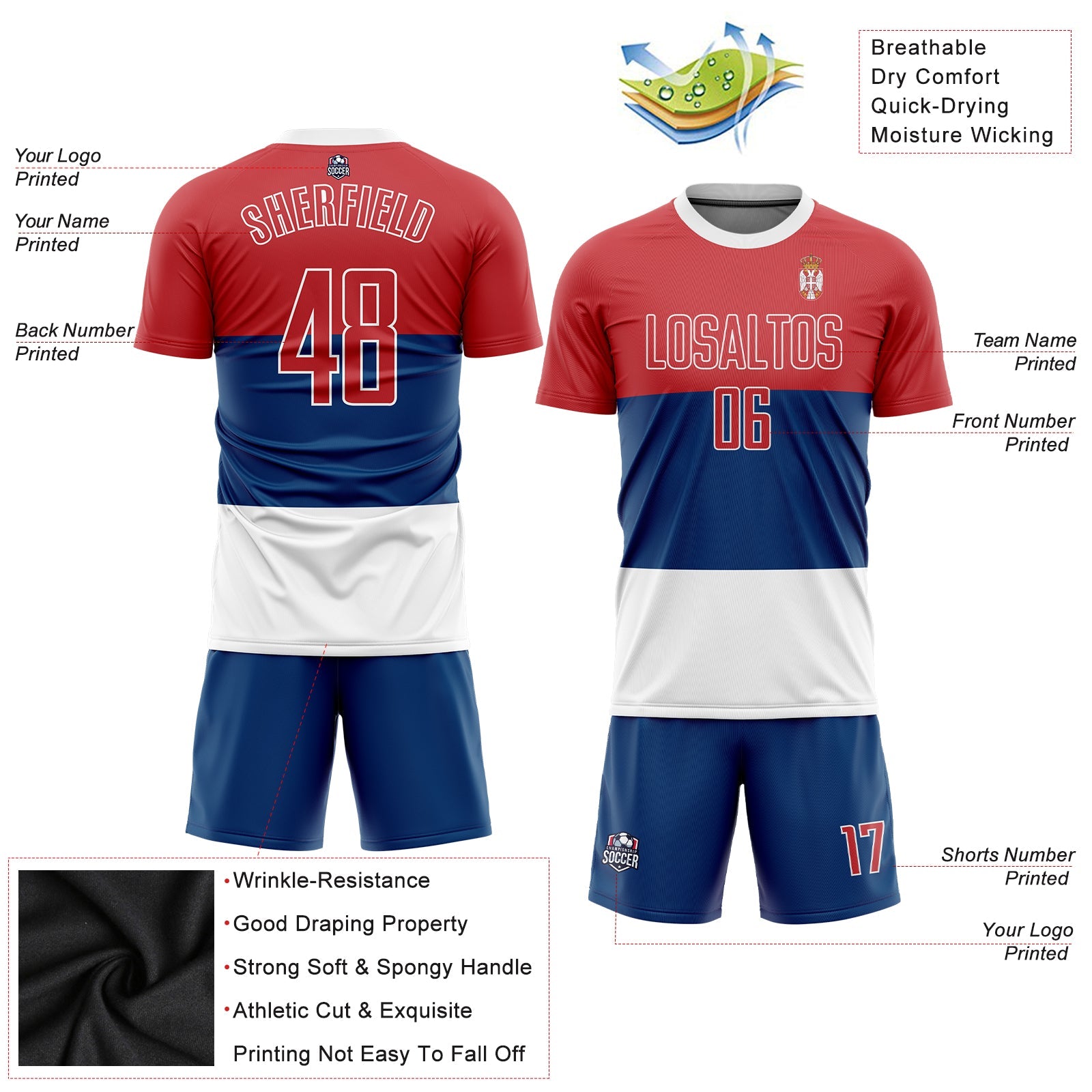 Custom Royal Red-White Sublimation Serbian Flag Soccer Uniform Jersey view 3