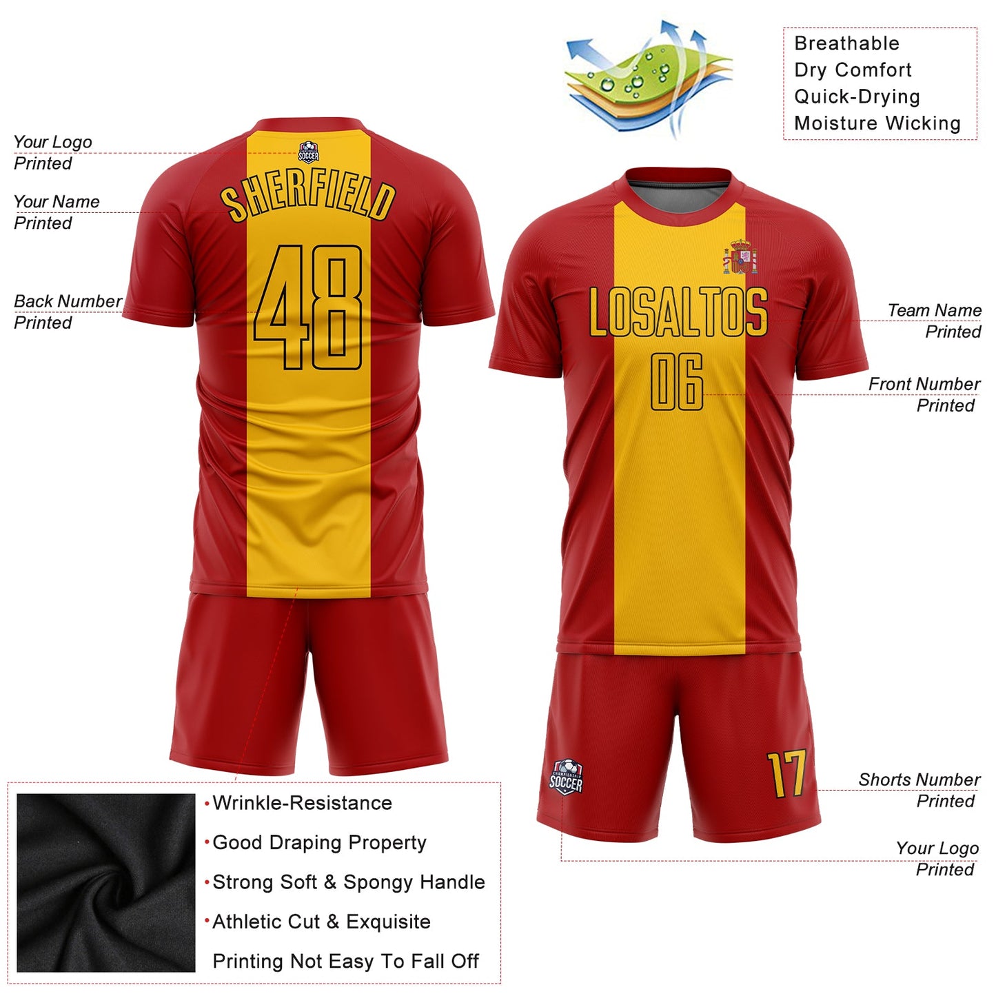 Custom Red Gold-Black Sublimation Spanish Flag Soccer Uniform Jersey view 3