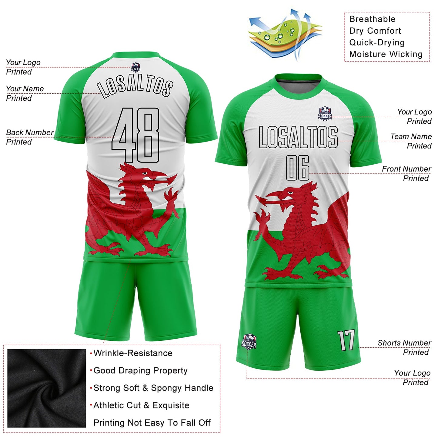 Custom Green White Red-Black Sublimation Welsh Flag Soccer Uniform Jersey view 3