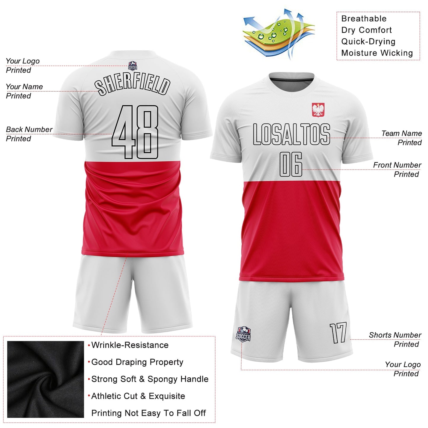Custom Red White-Black Sublimation Polish Flag Soccer Uniform Jersey view 3