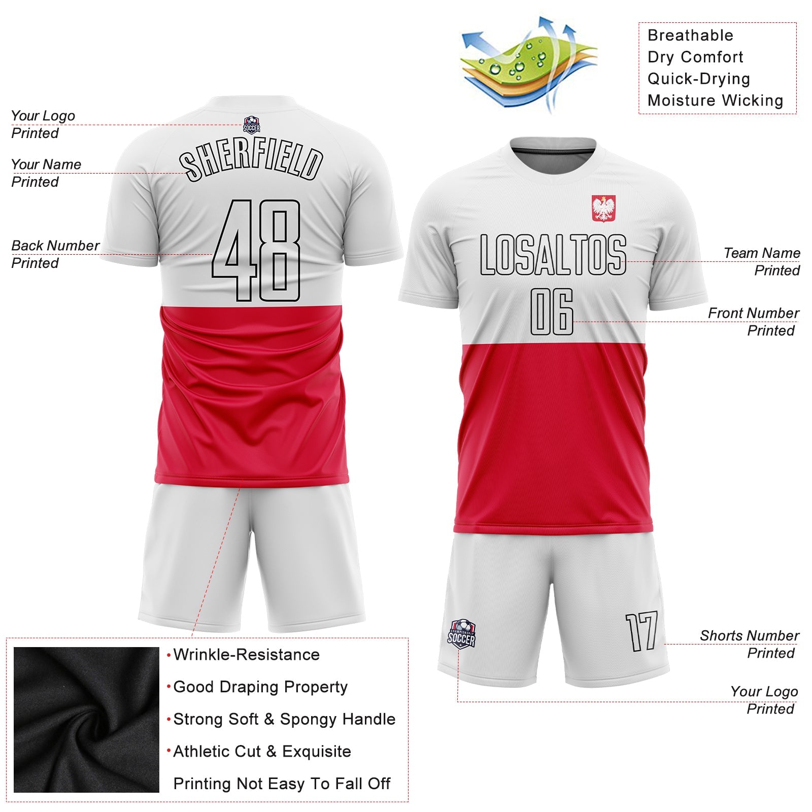 Custom Red White-Black Sublimation Polish Flag Soccer Uniform Jersey view 3