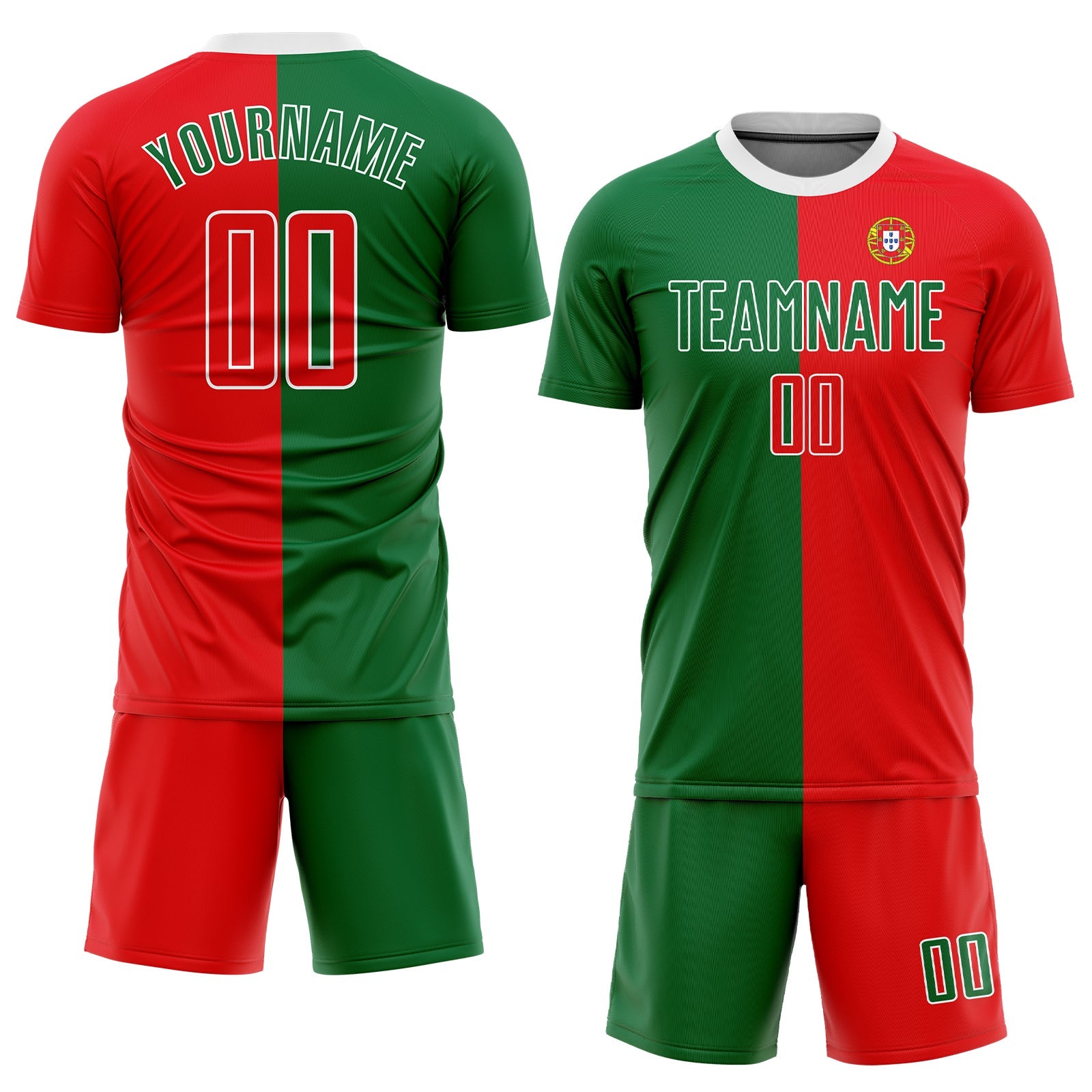 Custom Kelly Green Red-White Sublimation Portuguese Flag Soccer Uniform Jersey view 2