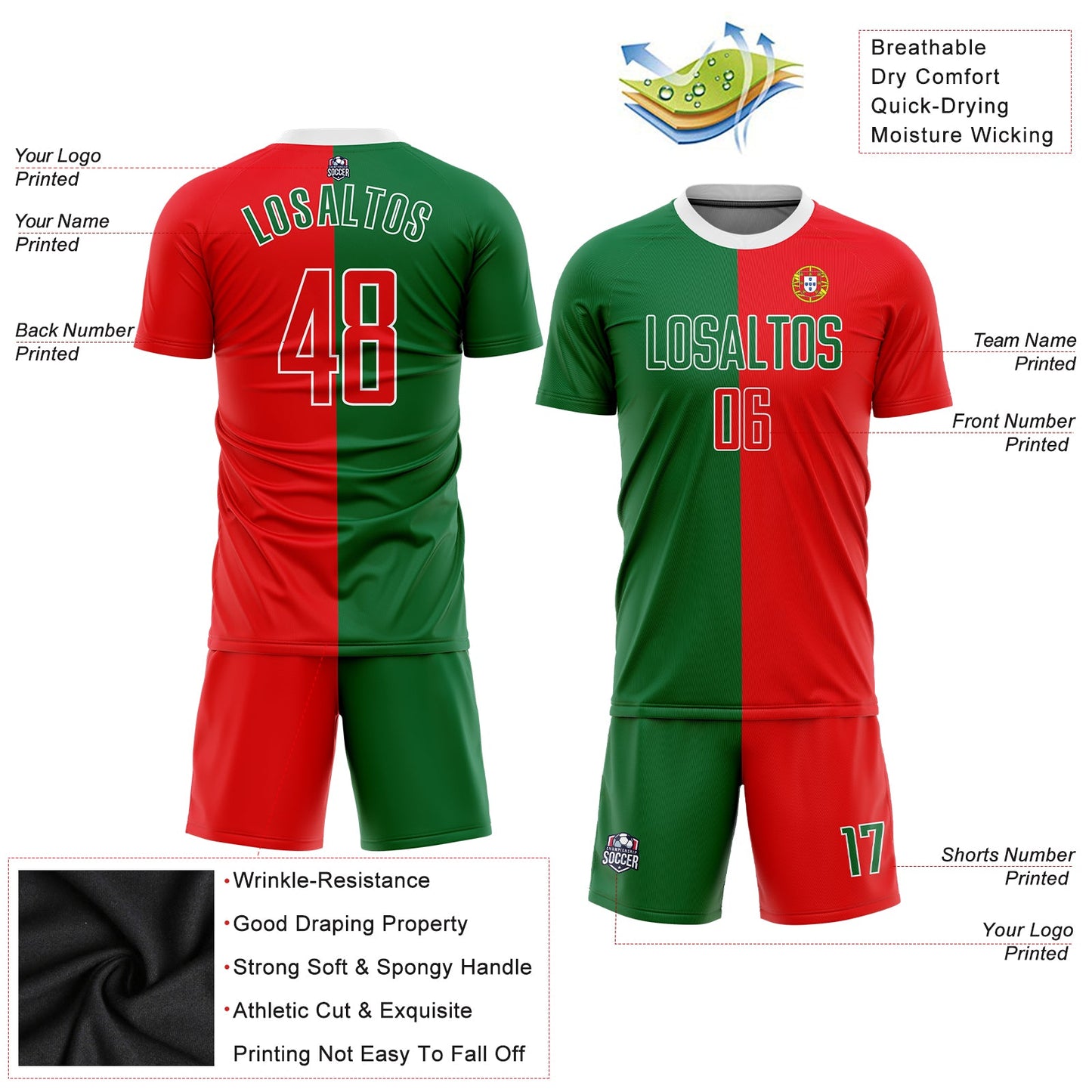 Custom Kelly Green Red-White Sublimation Portuguese Flag Soccer Uniform Jersey view 3