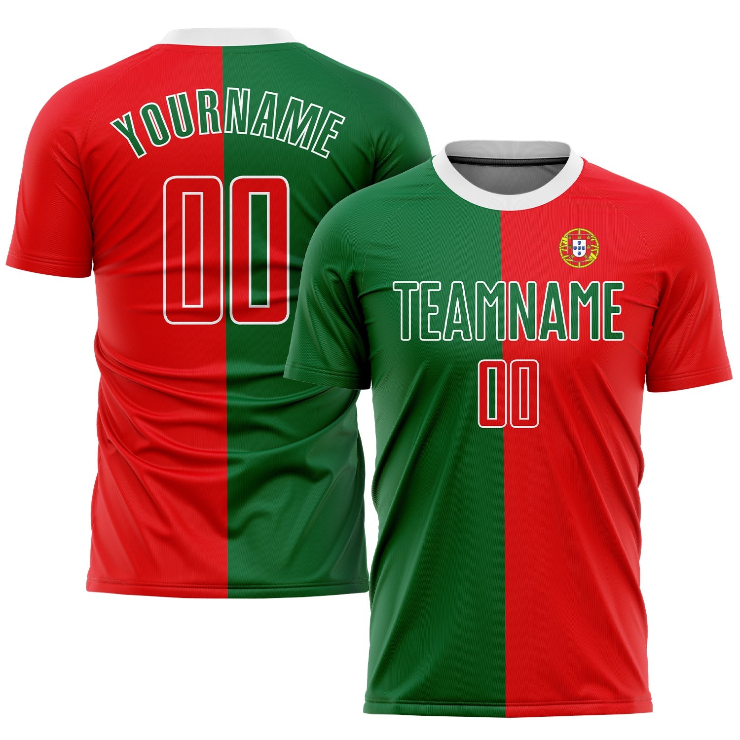 Custom Kelly Green Red-White Sublimation Portuguese Flag Soccer Uniform Jersey - Main View