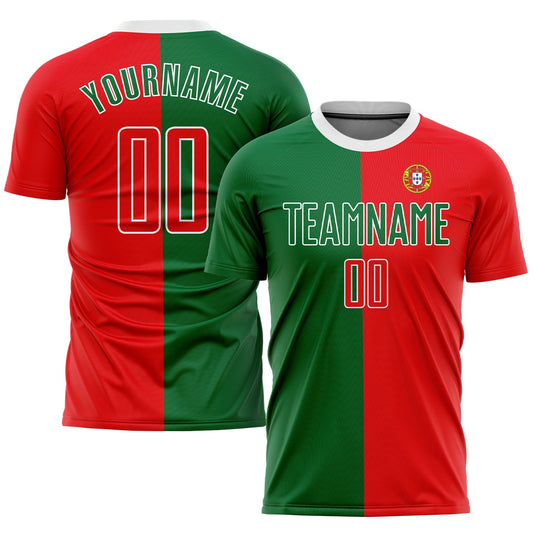 Custom Kelly Green Red-White Sublimation Portuguese Flag Soccer Uniform Jersey - Main View