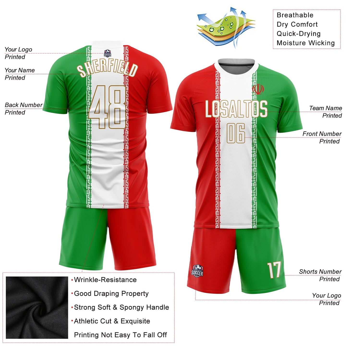 Custom Red White Kelly Green-Old Gold Sublimation Iranian Flag Soccer Uniform Jersey view 3