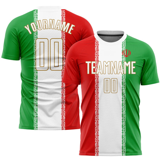 Custom Red White Kelly Green-Old Gold Sublimation Iranian Flag Soccer Uniform Jersey - Main View