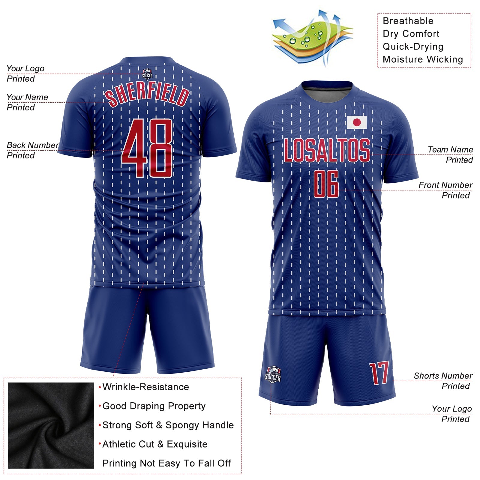 Custom Royal Red-White Sublimation Japanese Flag Soccer Uniform Jersey view 3