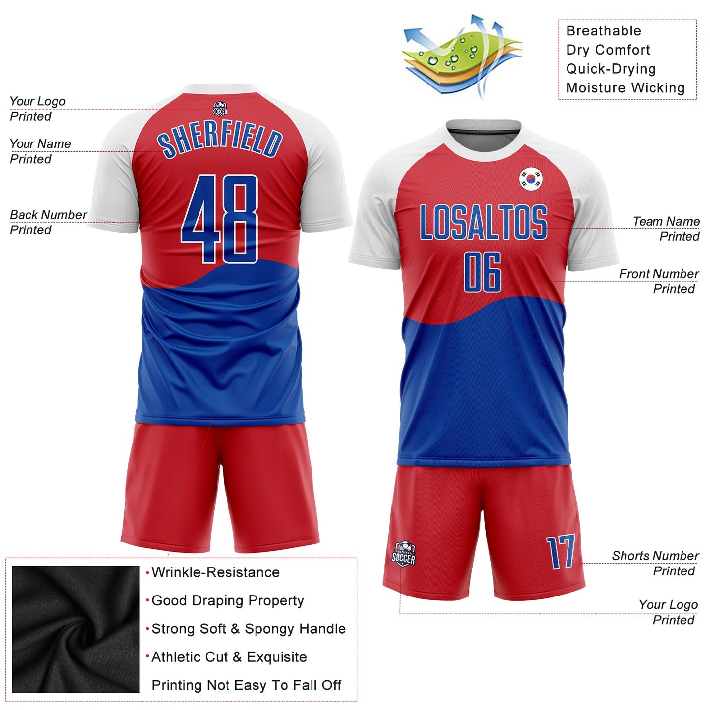 Custom Red Royal-White Sublimation South Korean Flag Soccer Uniform Jersey view 3